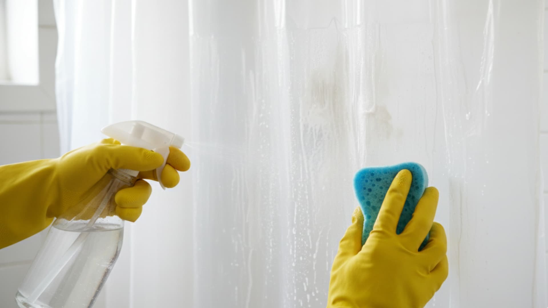 Hands wearing yellow gloves are spraying cleaner and scrubbing soap scum off a white shower curtain with a blue sponge