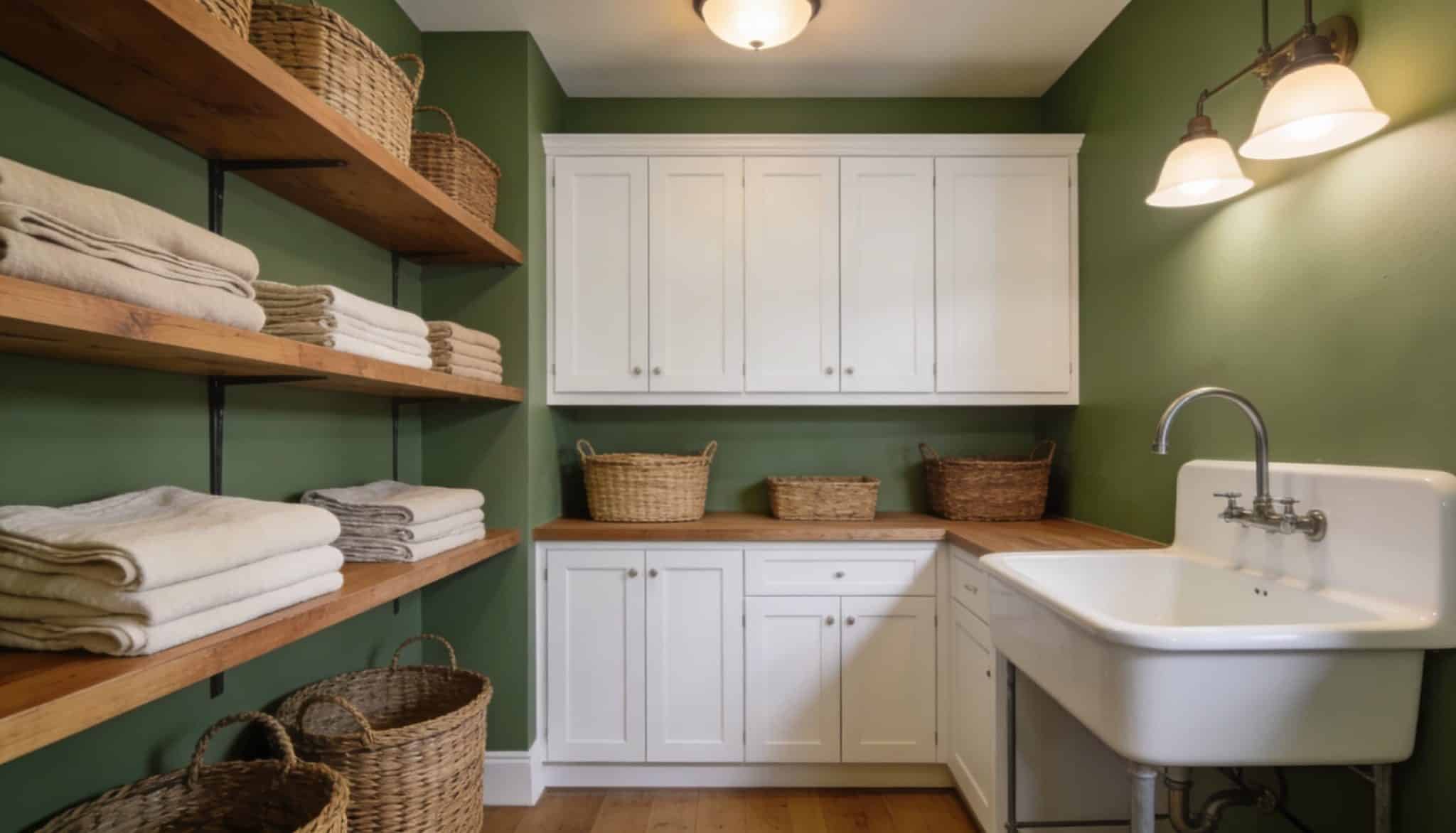 Laundry room with sage green walls, warm natural wood shelving, and a woven basket