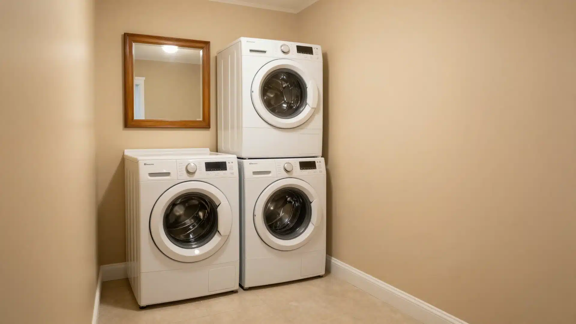 Laundry room with warm beige walls and crisp white trim, creating a seamless and inviting space.