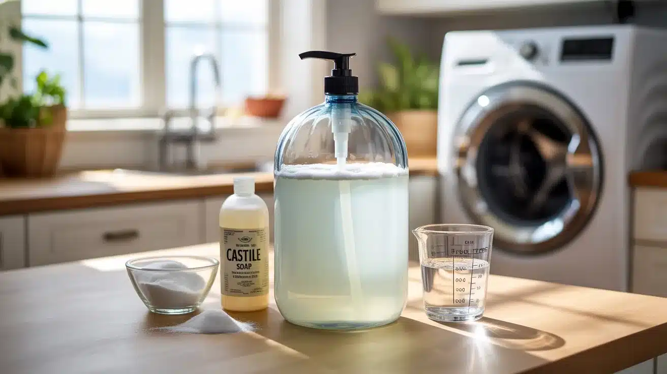 Liquid homemade laundry detergent in a pump bottle on a counter, with castile soap, baking soda, and water beside a washing machine.