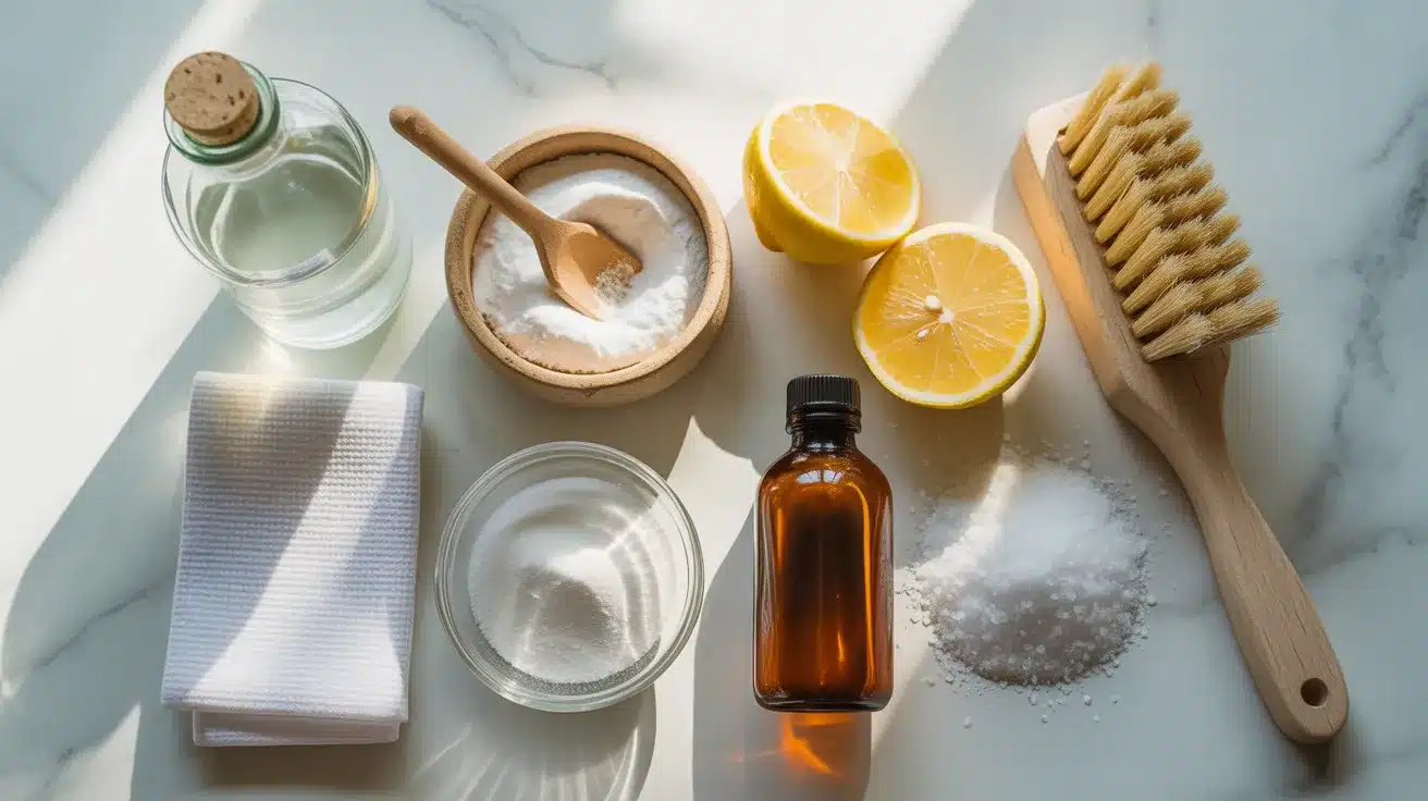Natural cleaning supplies, including vinegar, baking soda, lemon, essential oil bottle, cloth, and scrub brush, are arranged on a surface for DIY cleaning solutions