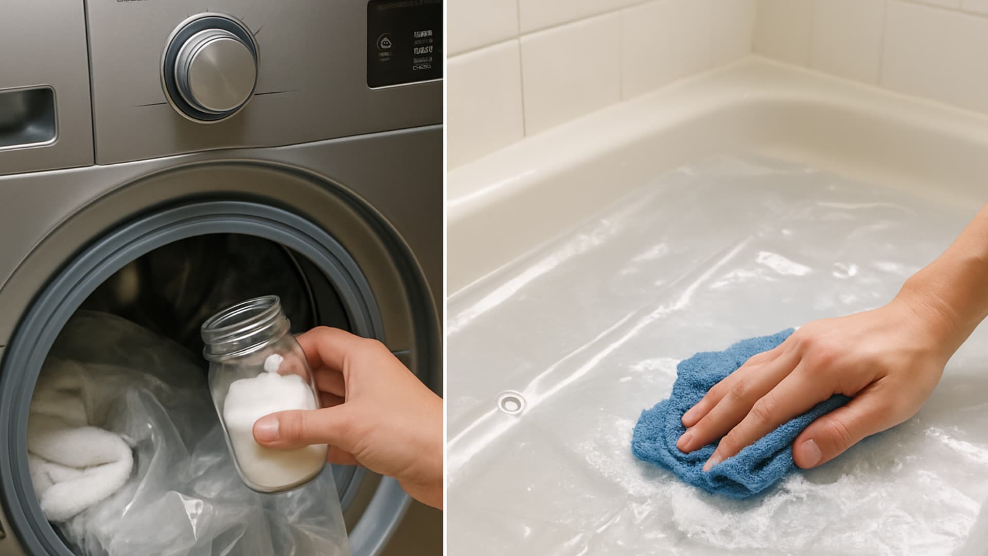 Person cleaning a plastic or vinyl shower curtain, adding cleaning solution to a washing machine on one side, and wiping the curtain in a bathtub with a blue cloth on the other