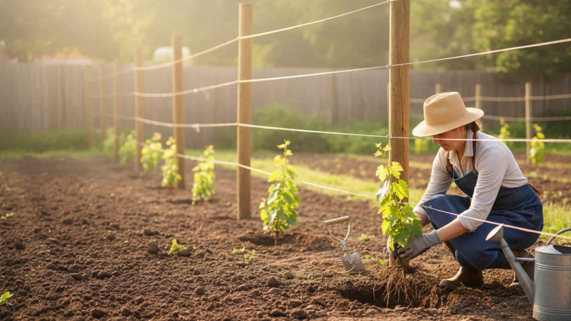 Person planting young grape vines in soil along a trellis with support wires in a sunny garden setting