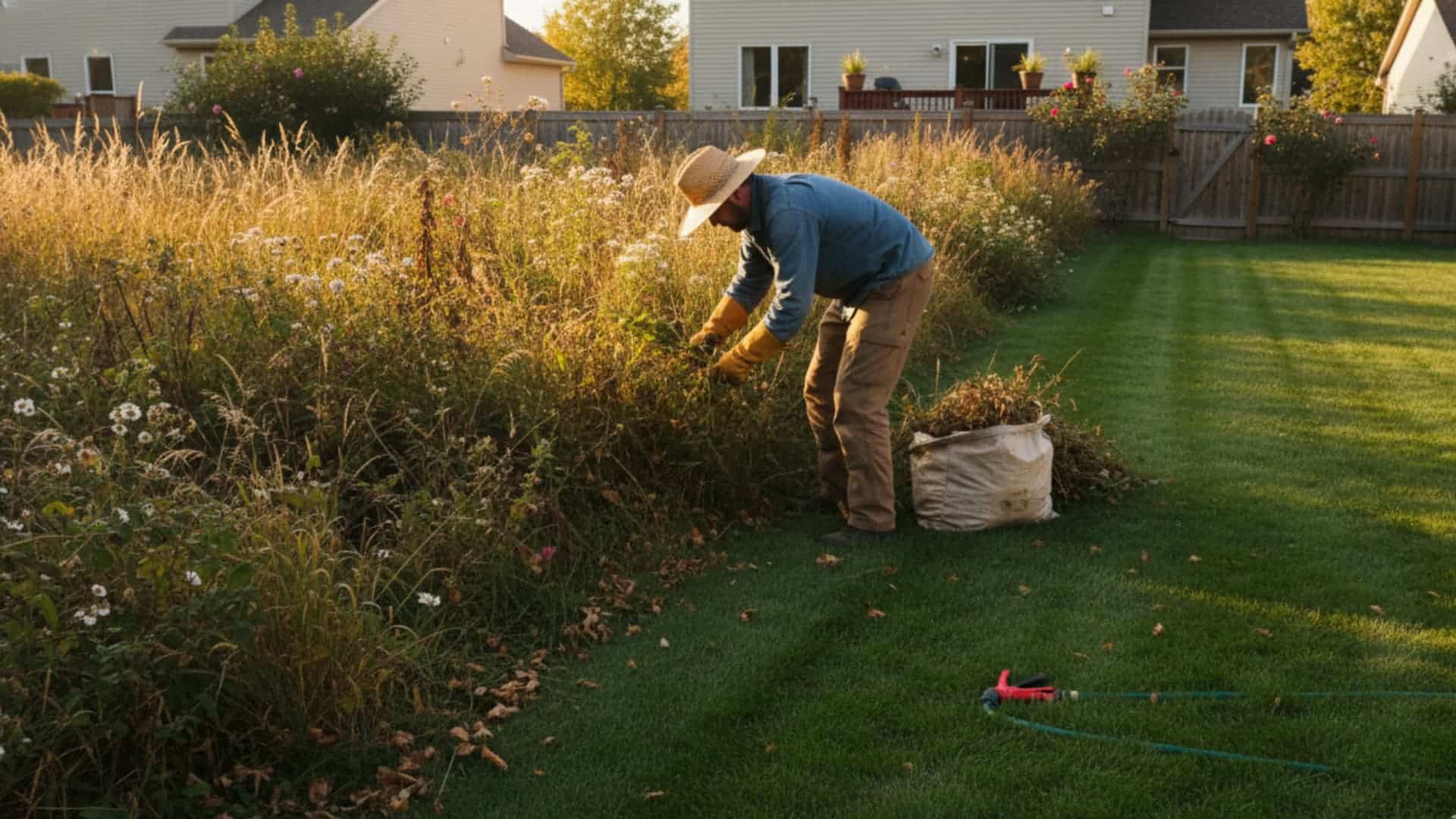 Person wearing gloves and a hat pulling weeds and clearing overgrown grass in a backyard, with a bag of yard debris nearby.