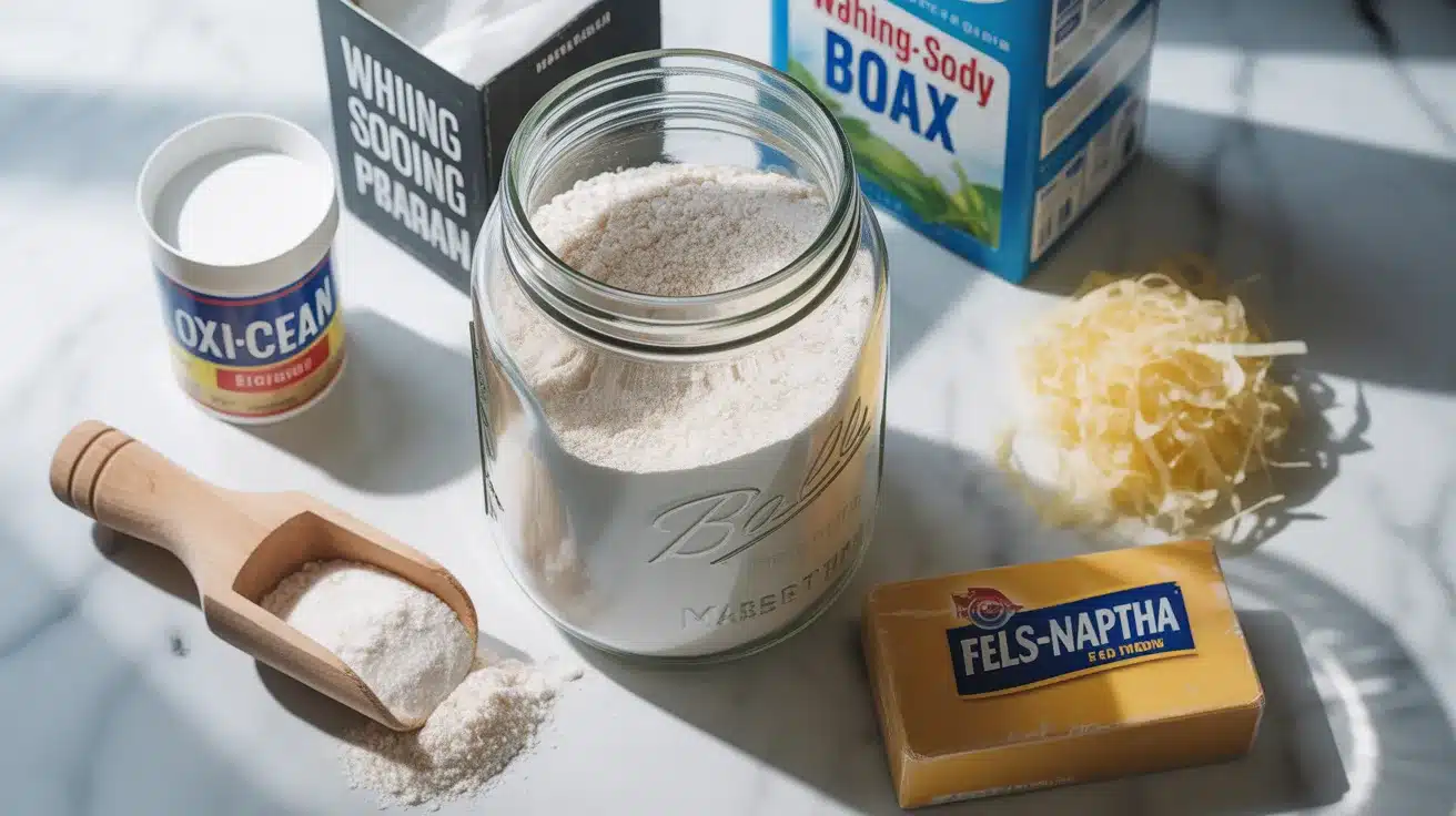 Powdered homemade laundry detergent in a jar with ingredients like borax, washing soda, OxiClean, and soap bar arranged nearby.