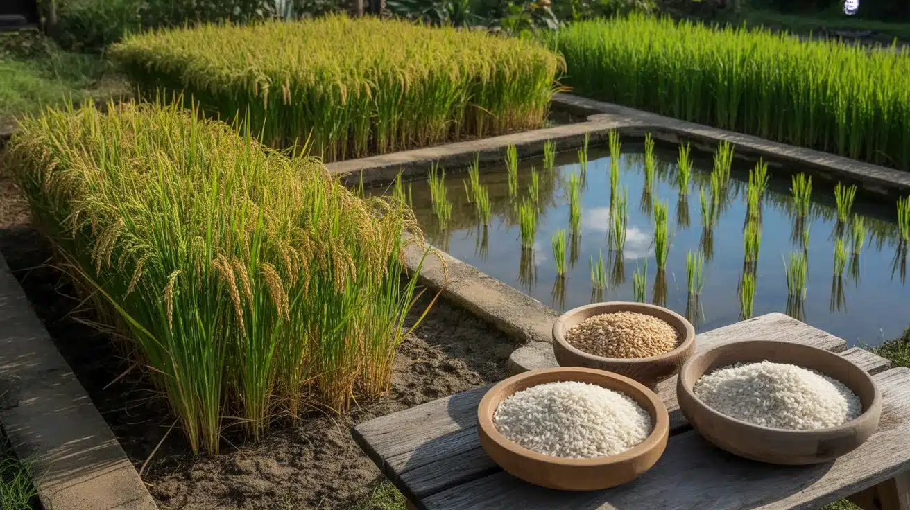 Rice growing in small paddy plots at different stages beside bowls of harvested white and brown rice on a wooden surface
