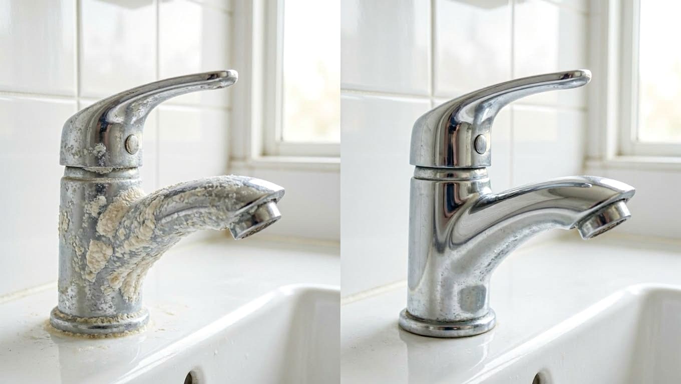 Side-by-side comparison of a faucet with heavy hard water buildup and the same faucet cleaned and shiny without mineral deposits