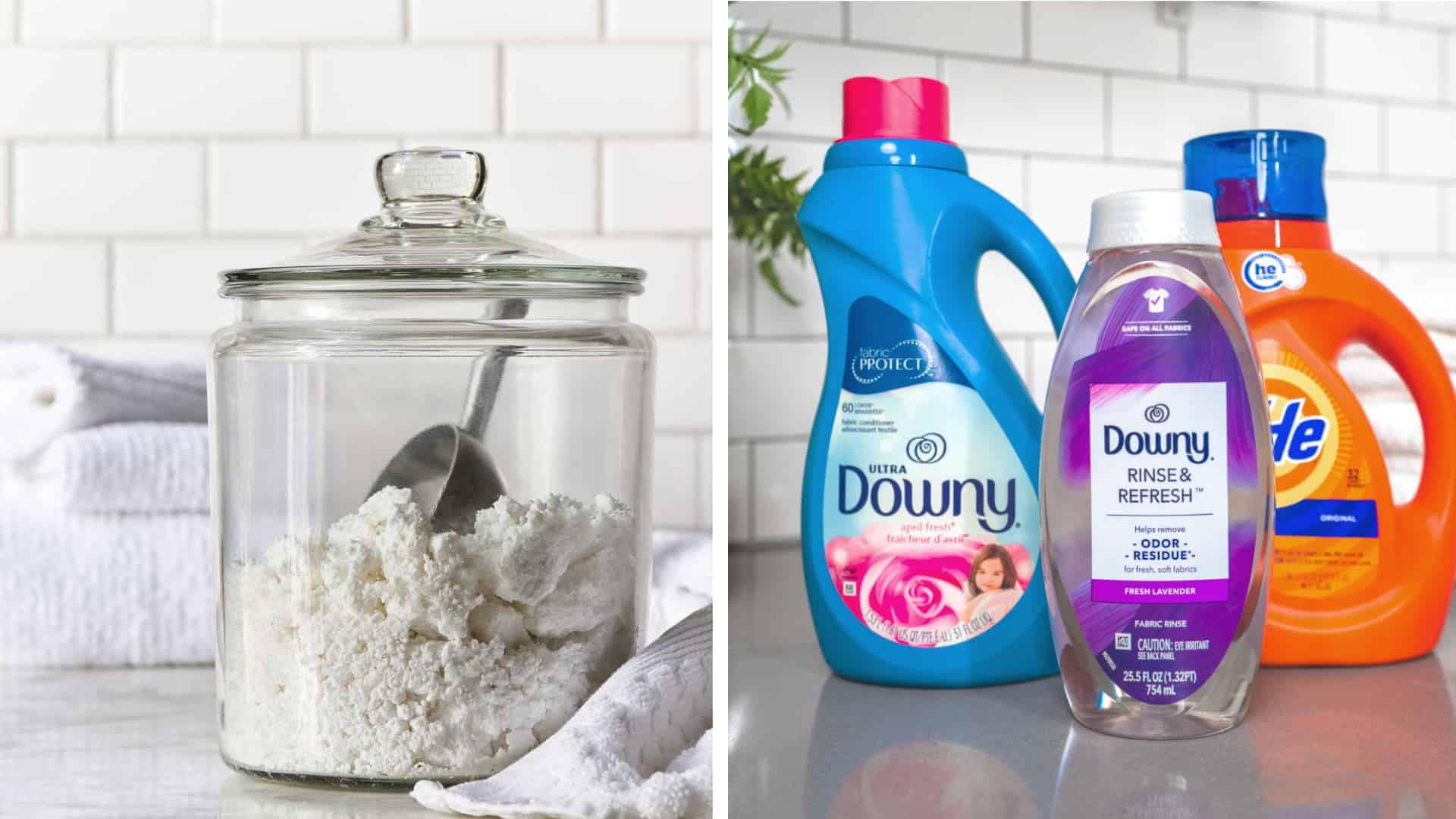 Side-by-side comparison of homemade detergent in a glass jar and store-bought laundry products, including Downy and Tide bottles.