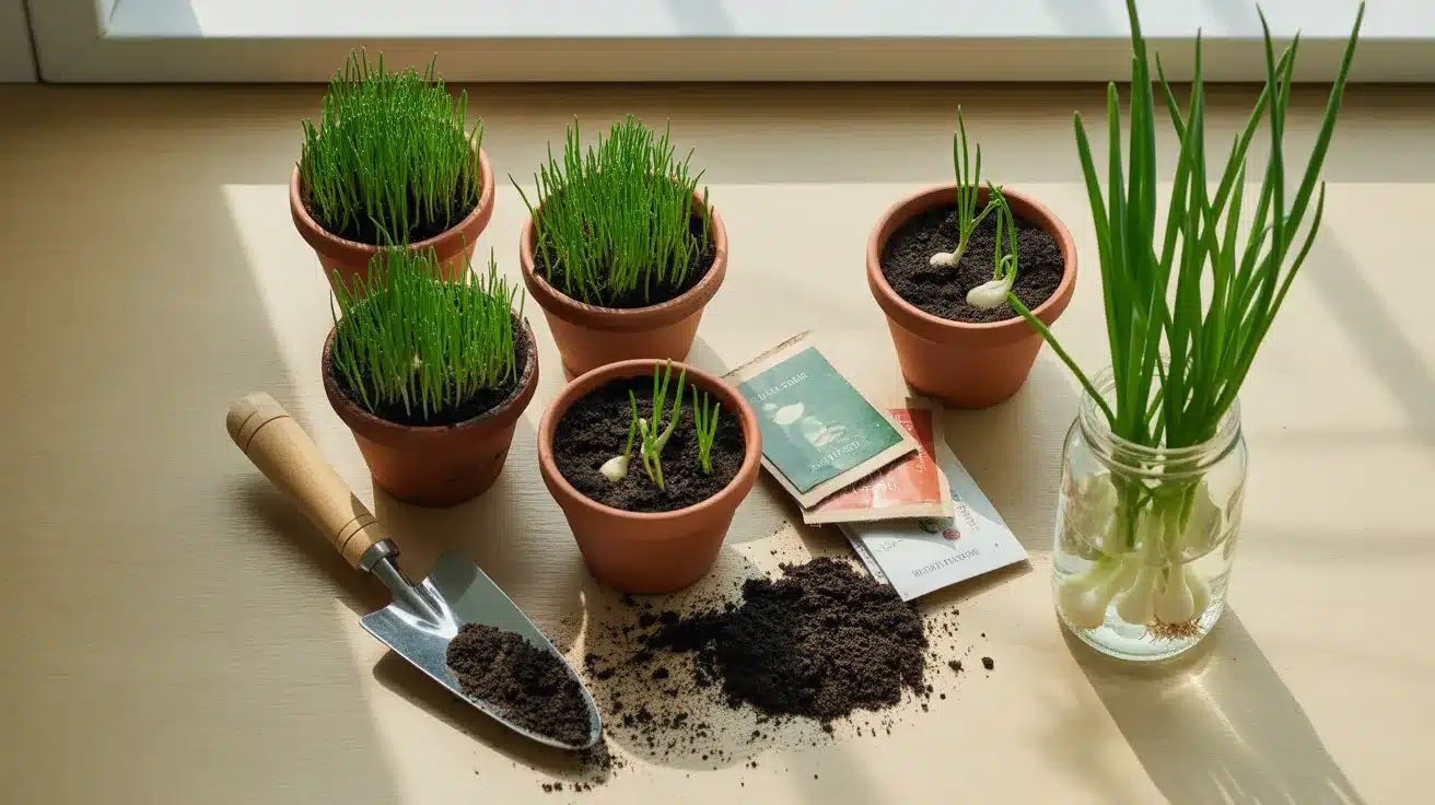 Small indoor herb pots with green shoots, soil, seed packets, and a hand trowel arranged on a sunlit table near a window.