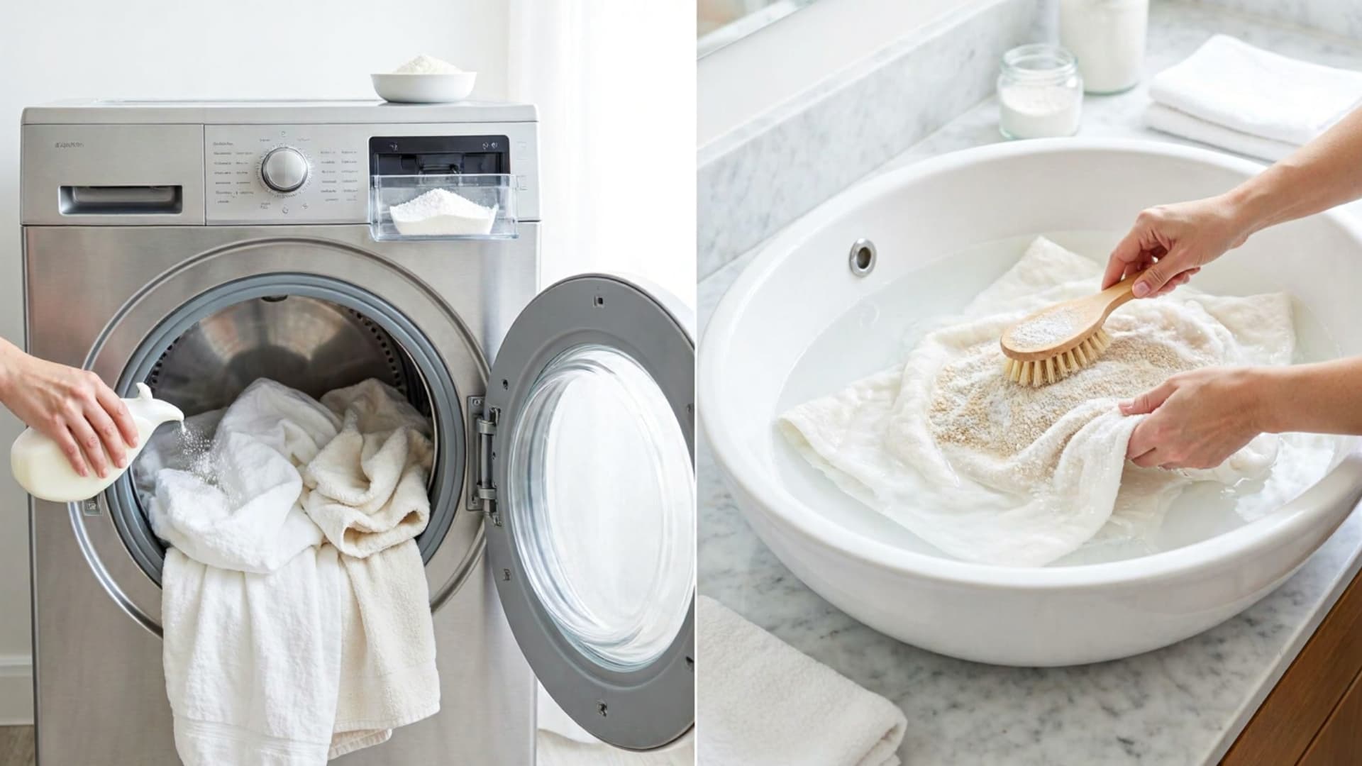 Split image showing a fabric shower curtain being cleaned in a washing machine on one side and hand-scrubbed with baking soda in a sink on the other