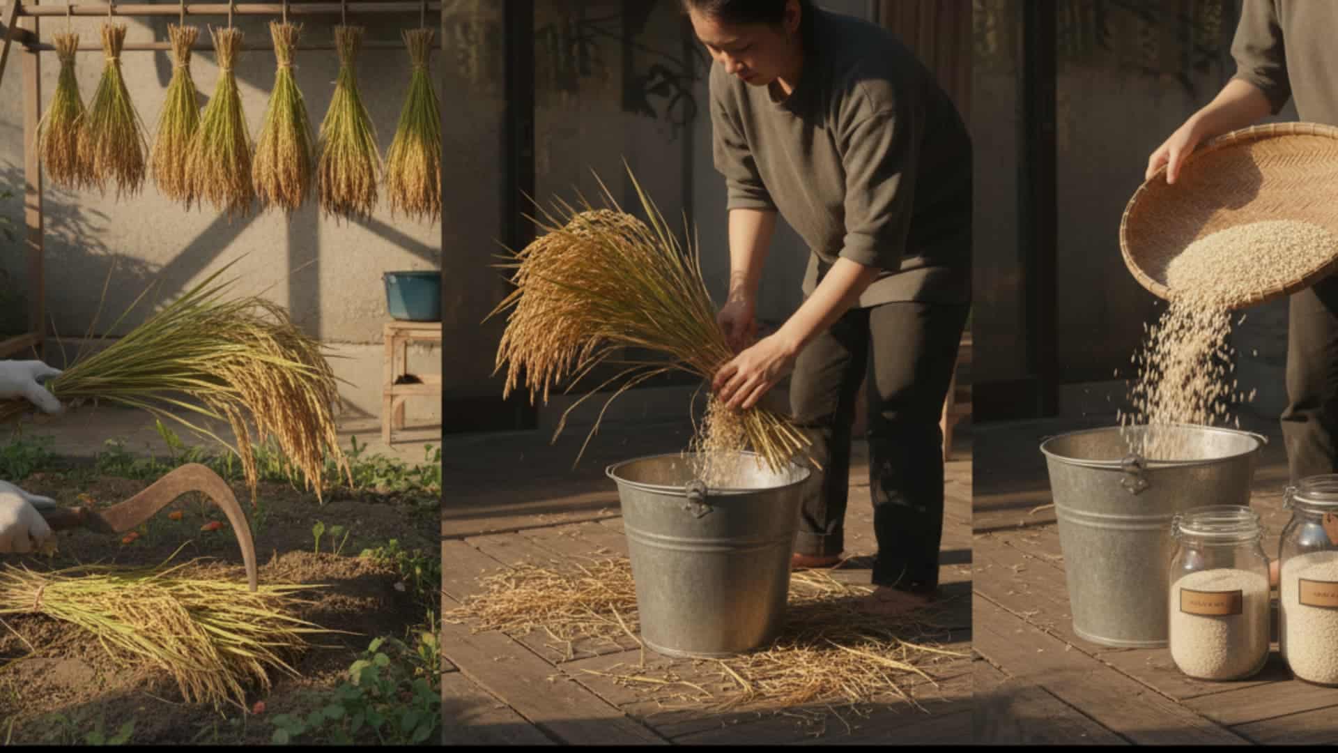Step-by-step collage showing harvesting rice, threshing grains, and pouring cleaned rice into containers for storage