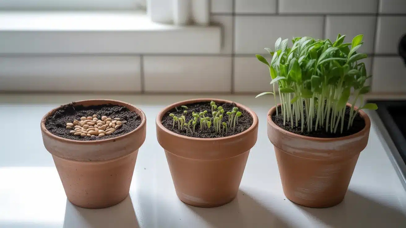 Three stages of plant growth in small pots showing seeds, young sprouts, and fully grown seedlings on an indoor windowsill.
