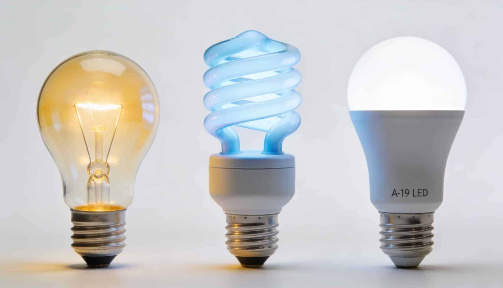 Three types of light bulbs sitting on a surface a traditional incandescent bulb, a spiral CFL bulb, and a modern A-19 LED bulb.