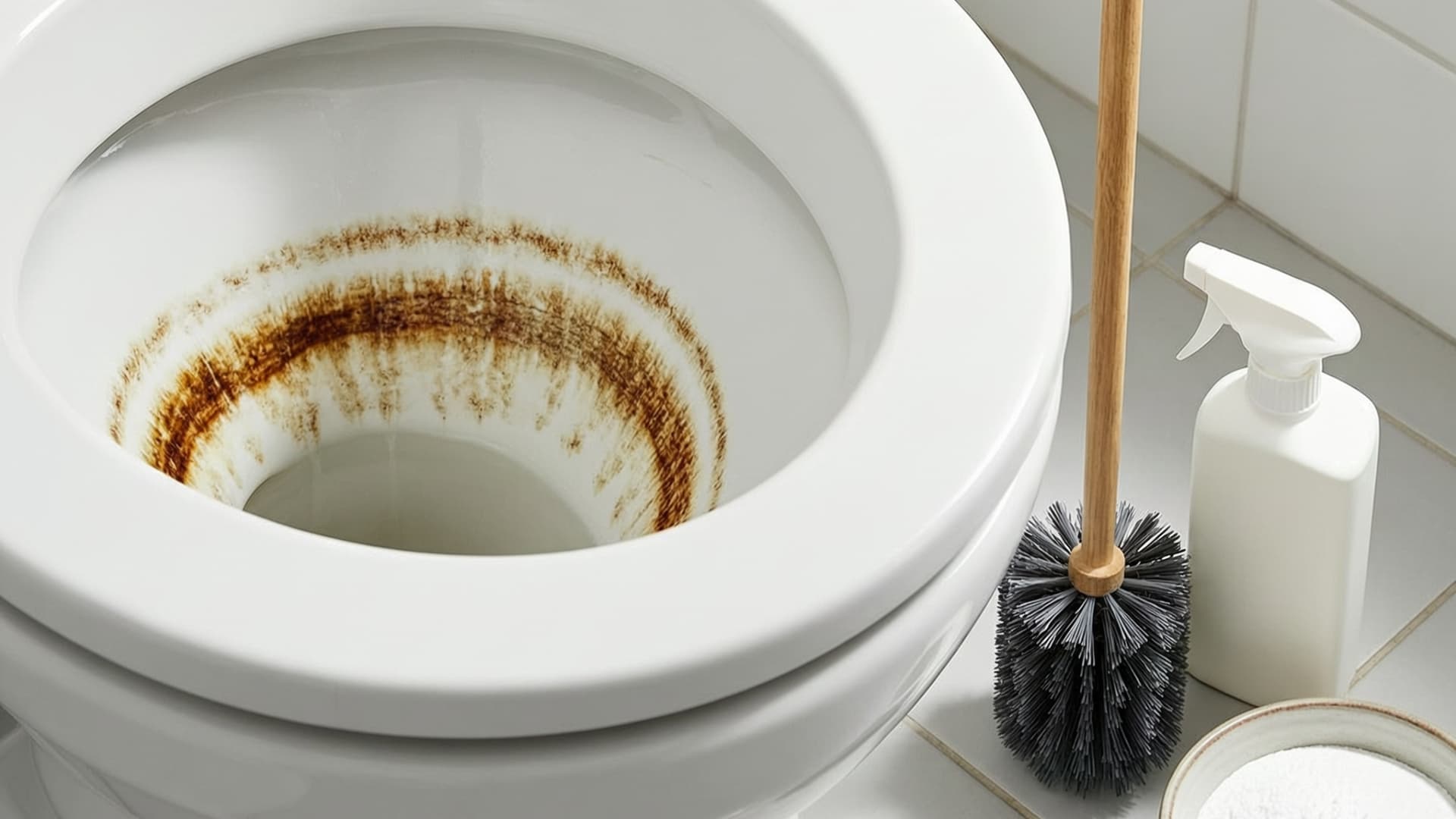 Toilet bowl with brown hard water stains around the rim, shown with a toilet brush, cleaning spray, and powder cleaner nearby