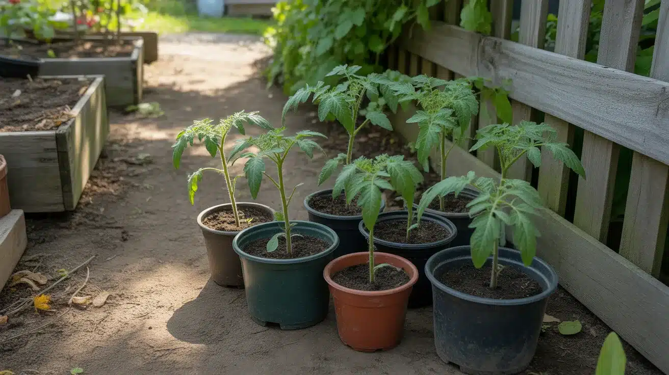 Tomato seedlings in small pots placed outdoors near a garden bed, acclimating to sunlight during the hardening off process.