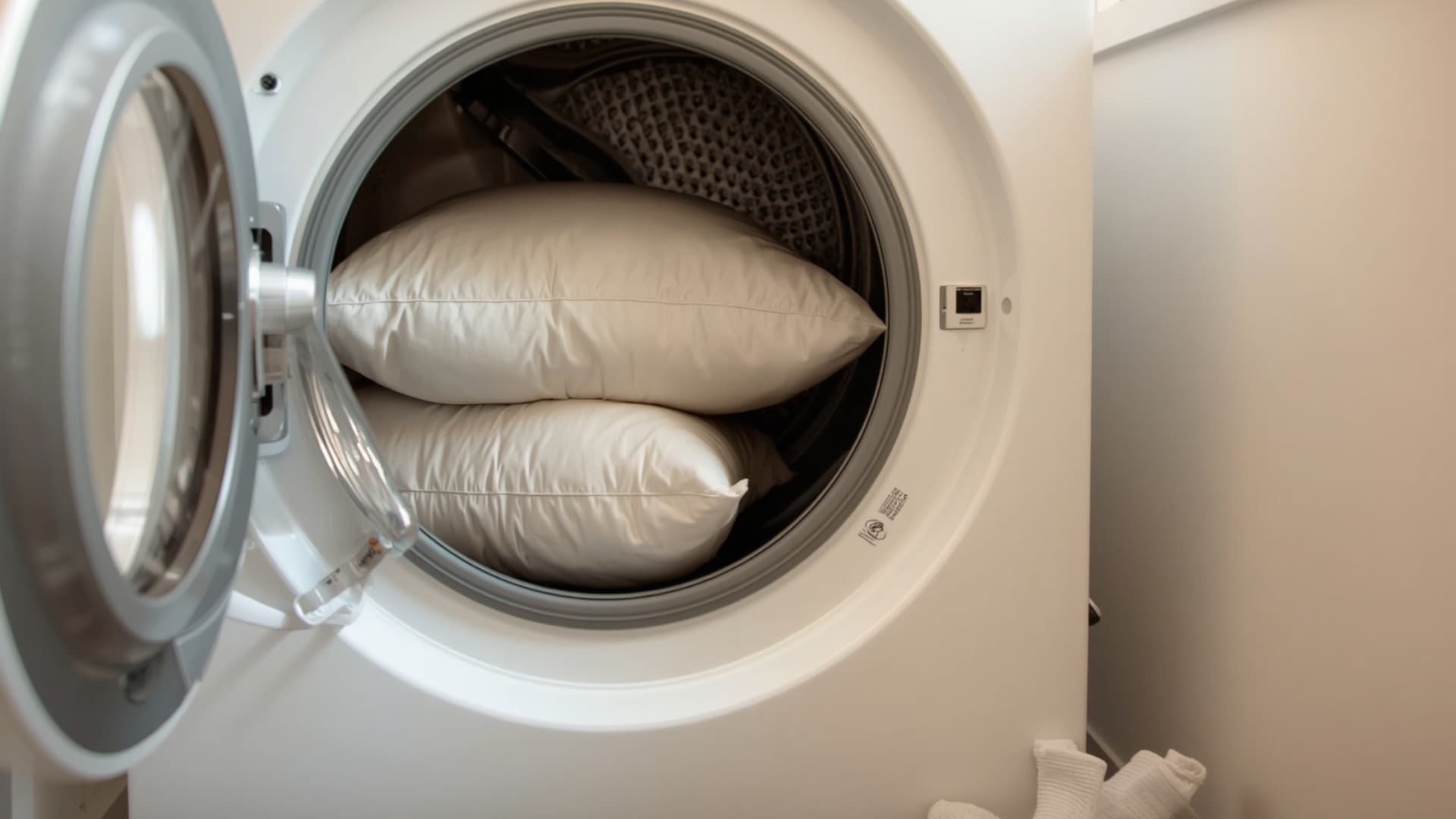 Two white pillows placed inside a front-loading washing machine with the door open.