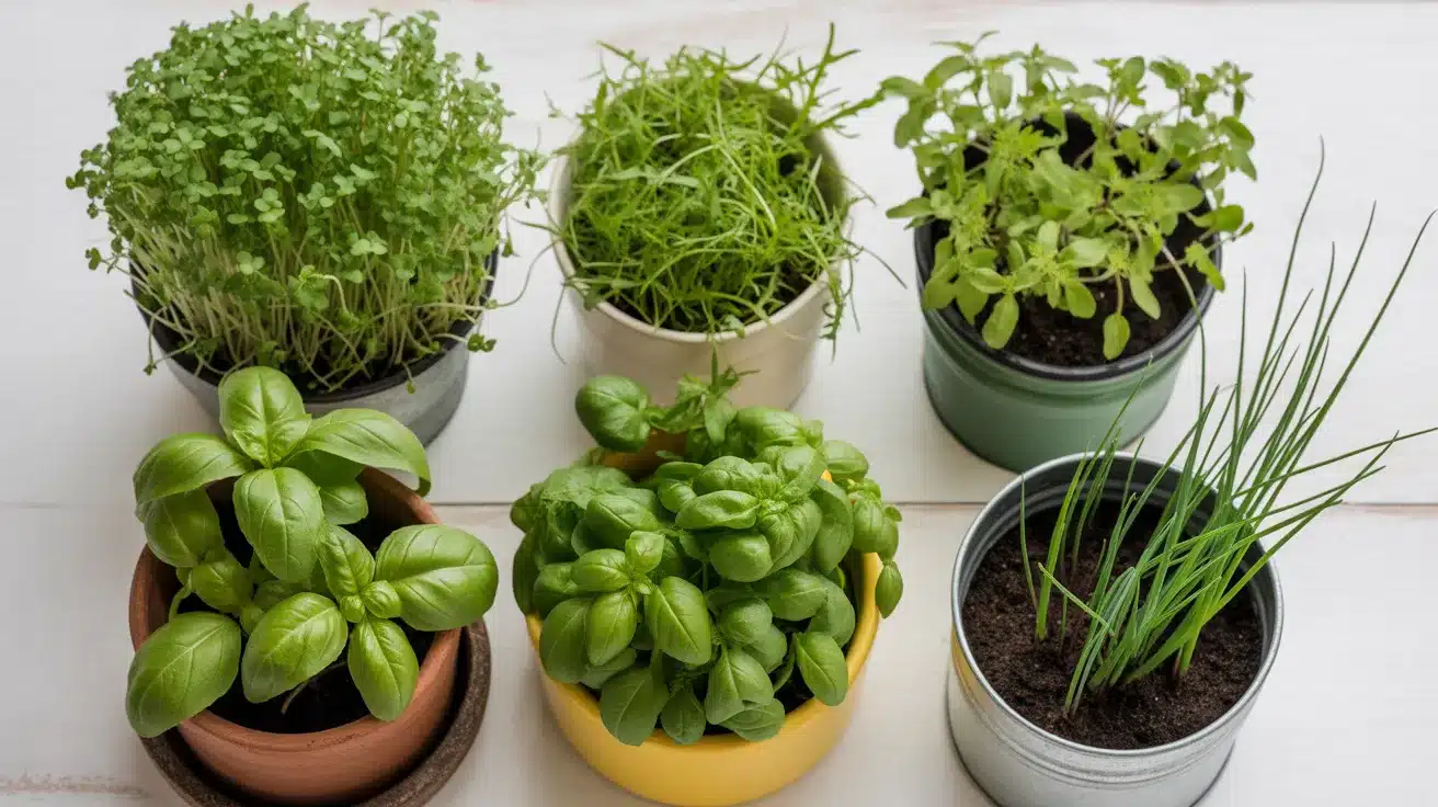 Variety of herbs growing in small indoor pots, including basil, chives, and microgreens, arranged on a bright surface.