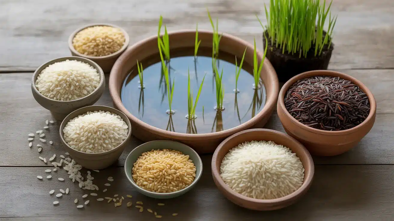 Variety of rice types in bowls, including white, brown, and black rice, with young rice plants growing in water in the center