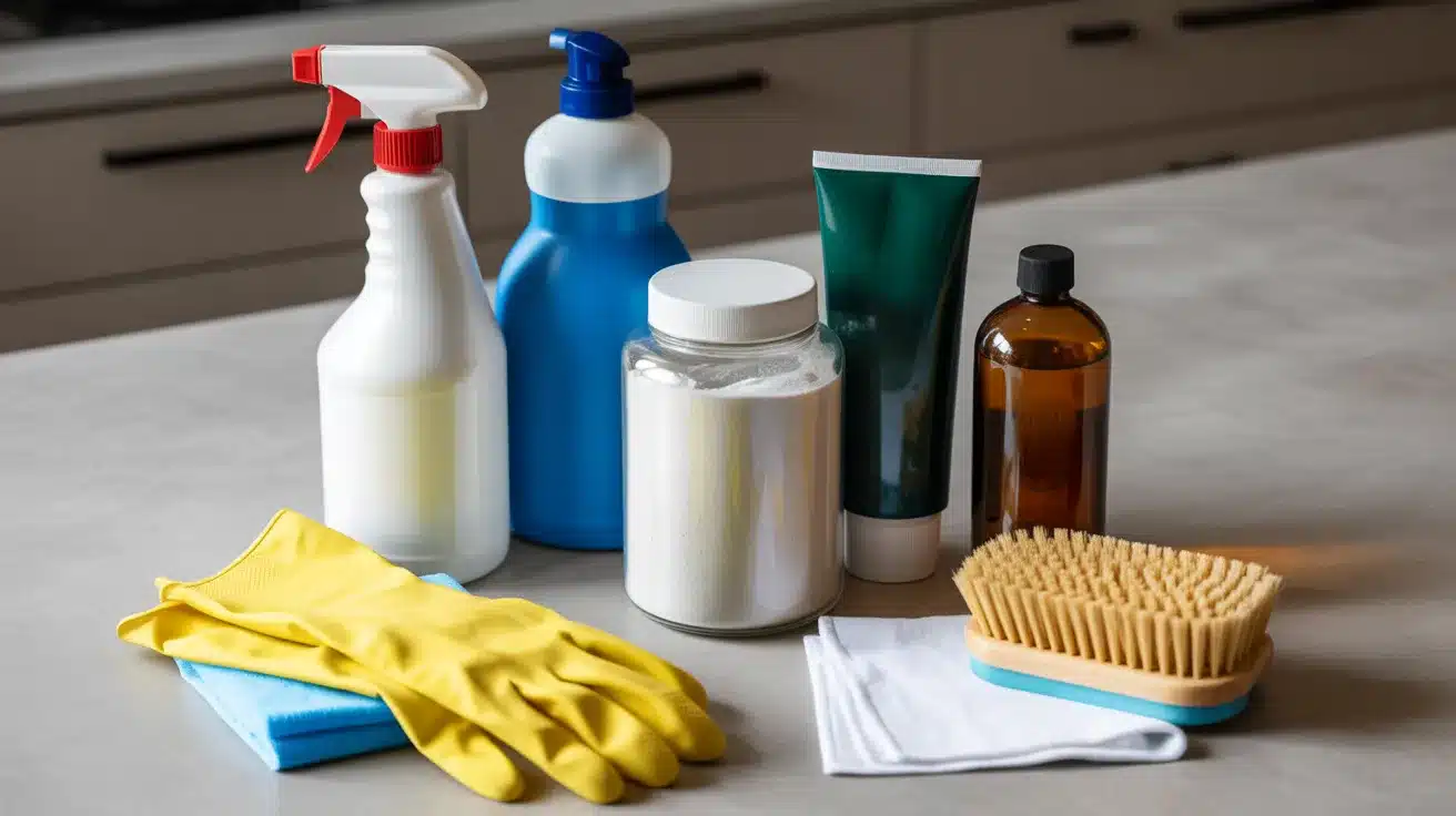 Various commercial cleaning products, including spray bottles, liquid cleaner, powder container, scrub brush, gloves, and cloth, are arranged on a countertop
