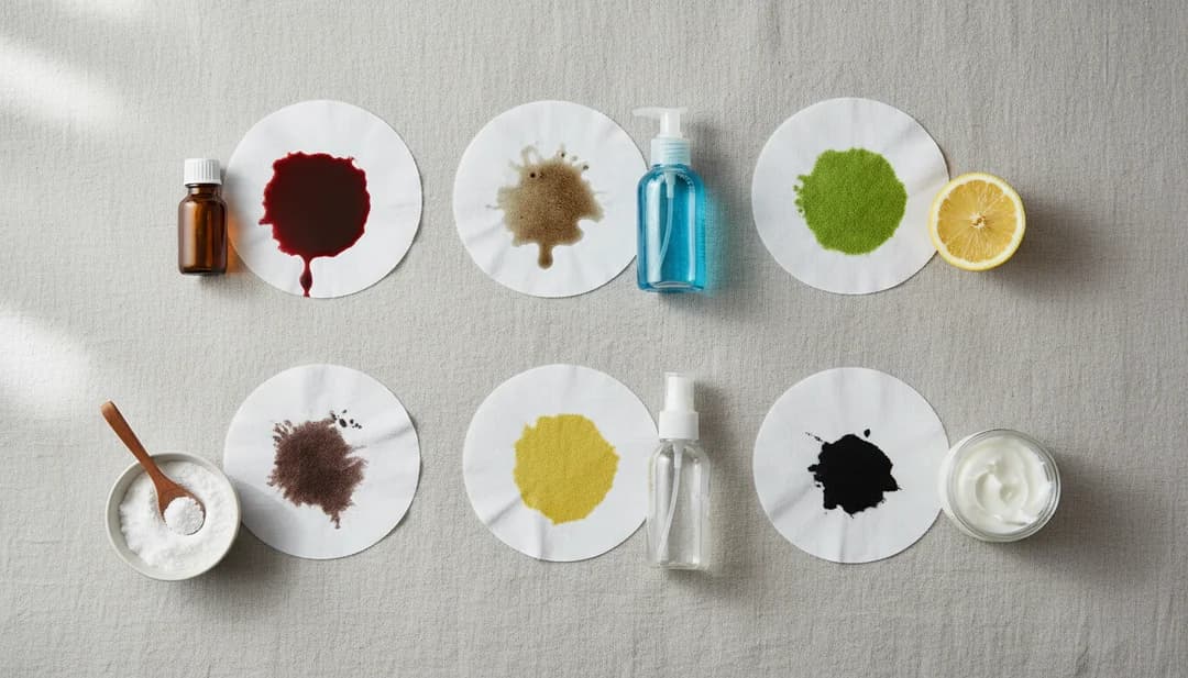 Various stains on paper circles, including wine, coffee, grass, mustard, ink, and dirt, surrounded by cleaning supplies like hydrogen peroxide, lemon, and soap.
