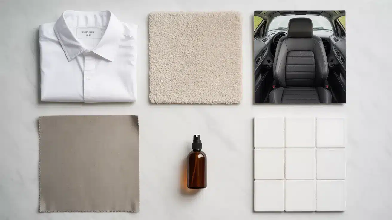 Various surfaces and items for stain removal, including a shirt, a tile, a car seat, and fabric, with a spray bottle in the center.