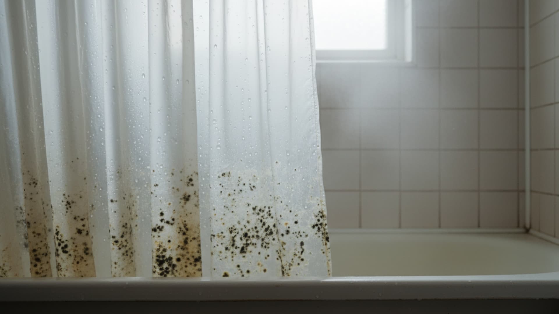 White shower curtain with visible mold and mildew buildup along the bottom edge inside a bathroom bathtub