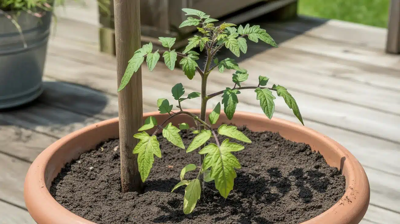 Young tomato plant growing in a container with fresh soil, supported by a wooden stake on a sunlit patio.
