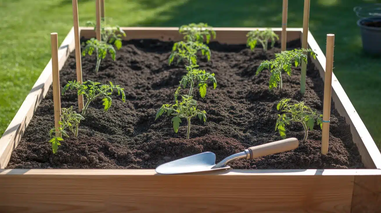 Young tomato plants spaced evenly in a raised garden bed with rich soil, supported by wooden stakes and a hand trowel nearby.