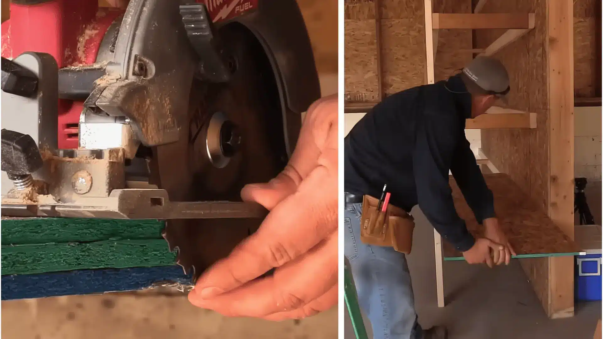 a circular saw cutting plywood sheets and a person placing cut boards onto diy garage shelf frames
