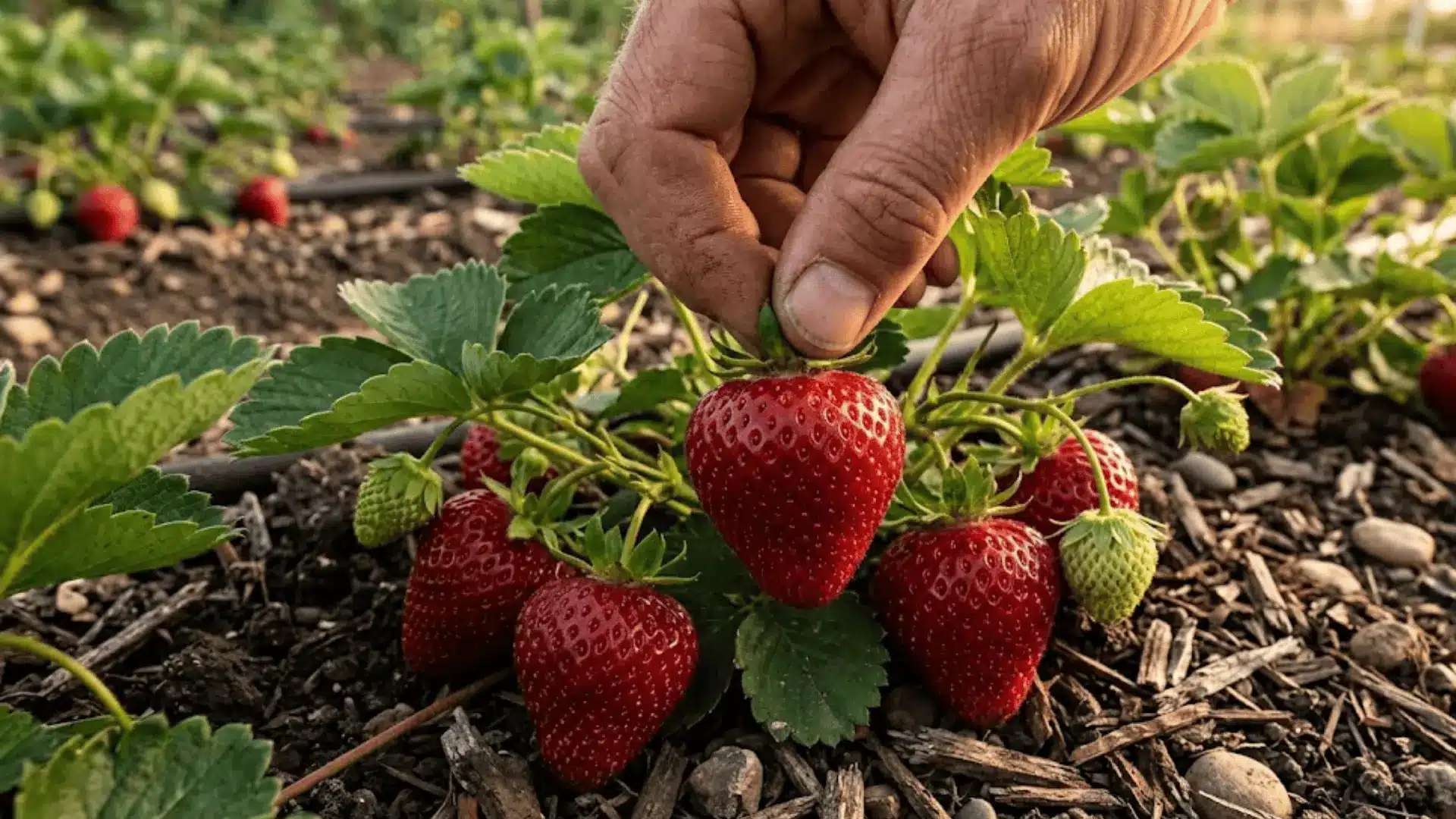 a hand carefully picking a fully ripe red strawberry from a plant in an outdoor garden