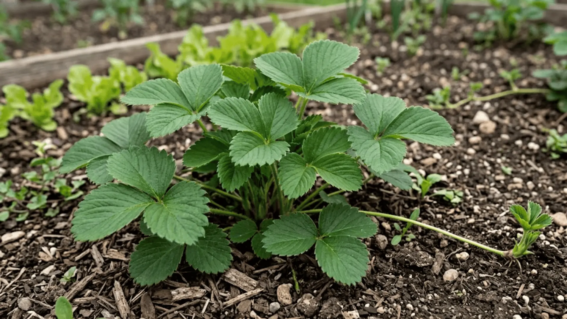 a healthy strawberry plant with full green leaves and a runner extending across garden soil
