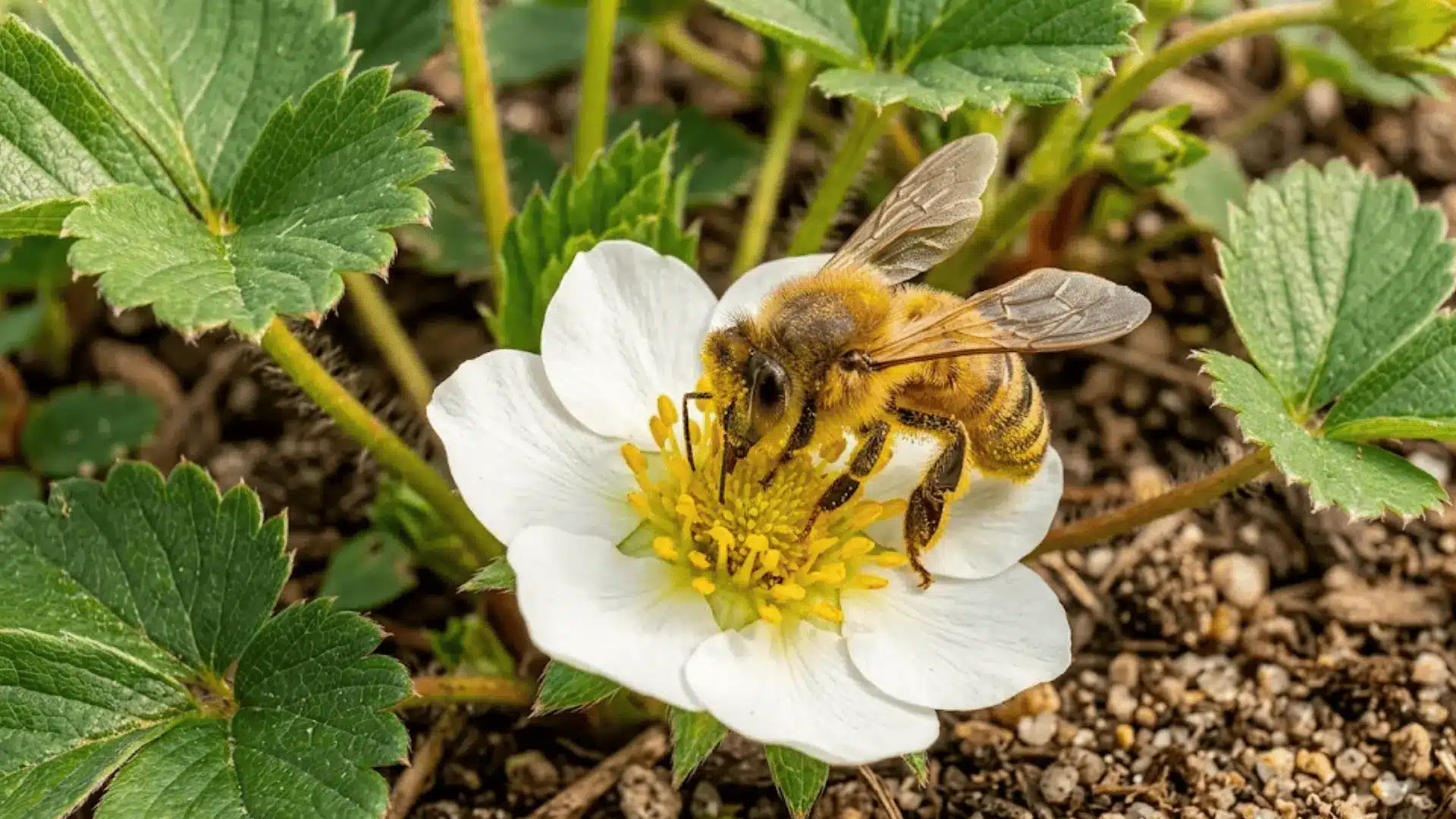 a honeybee covered in pollen landing on an open white strawberry flower in a garden