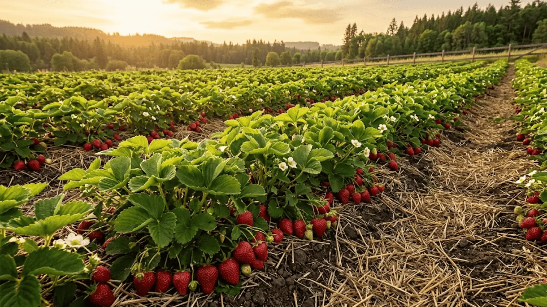 a lush sun-drenched strawberry garden bed with ripe red berries, white blossoms, and green leaves