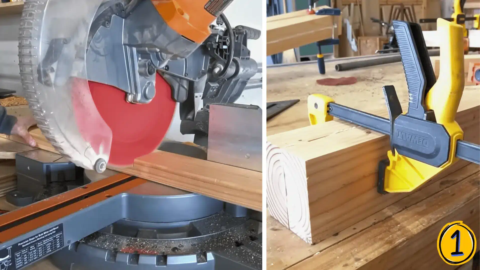 a miter saw cutting wood and a dewalt clamp securing lumber pieces during a diy desk build