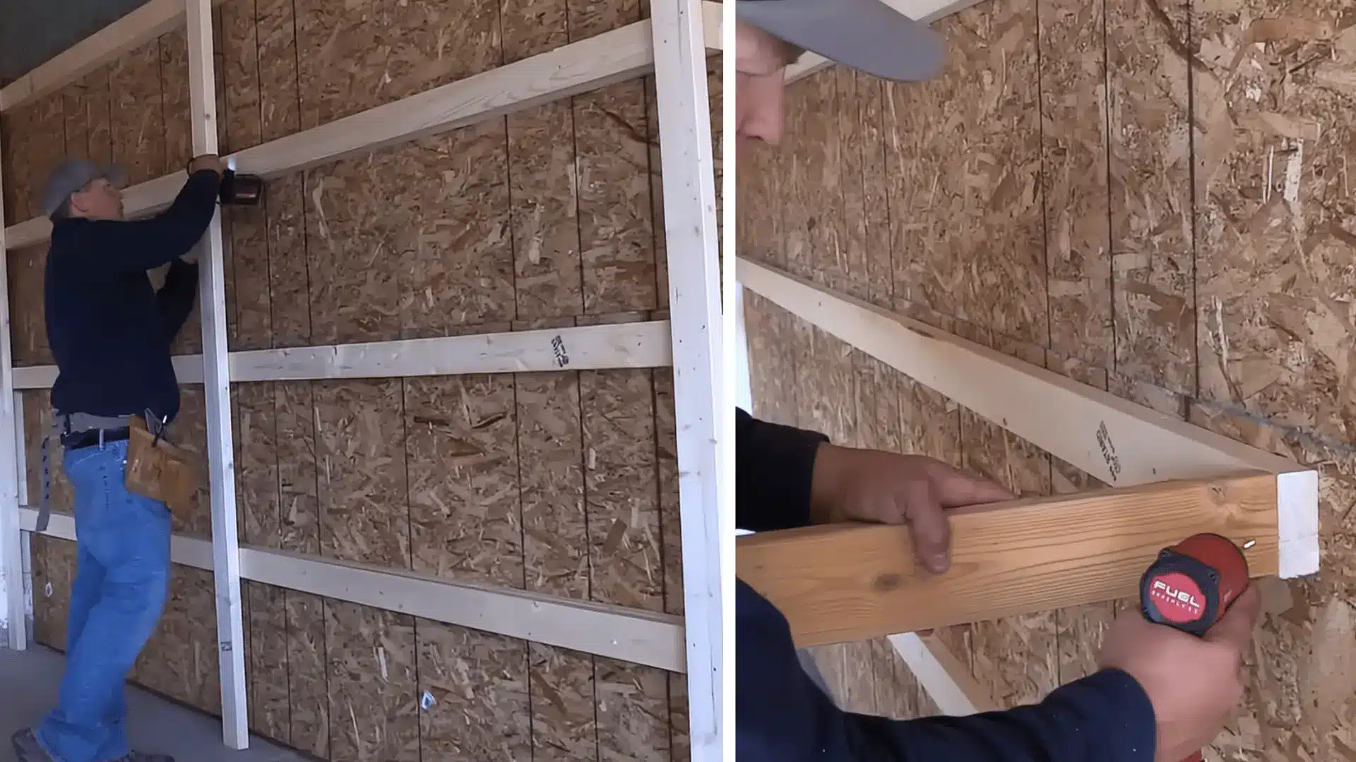a person attaching vertical uprights and horizontal 2x4 frames to a garage wall for diy shelving
