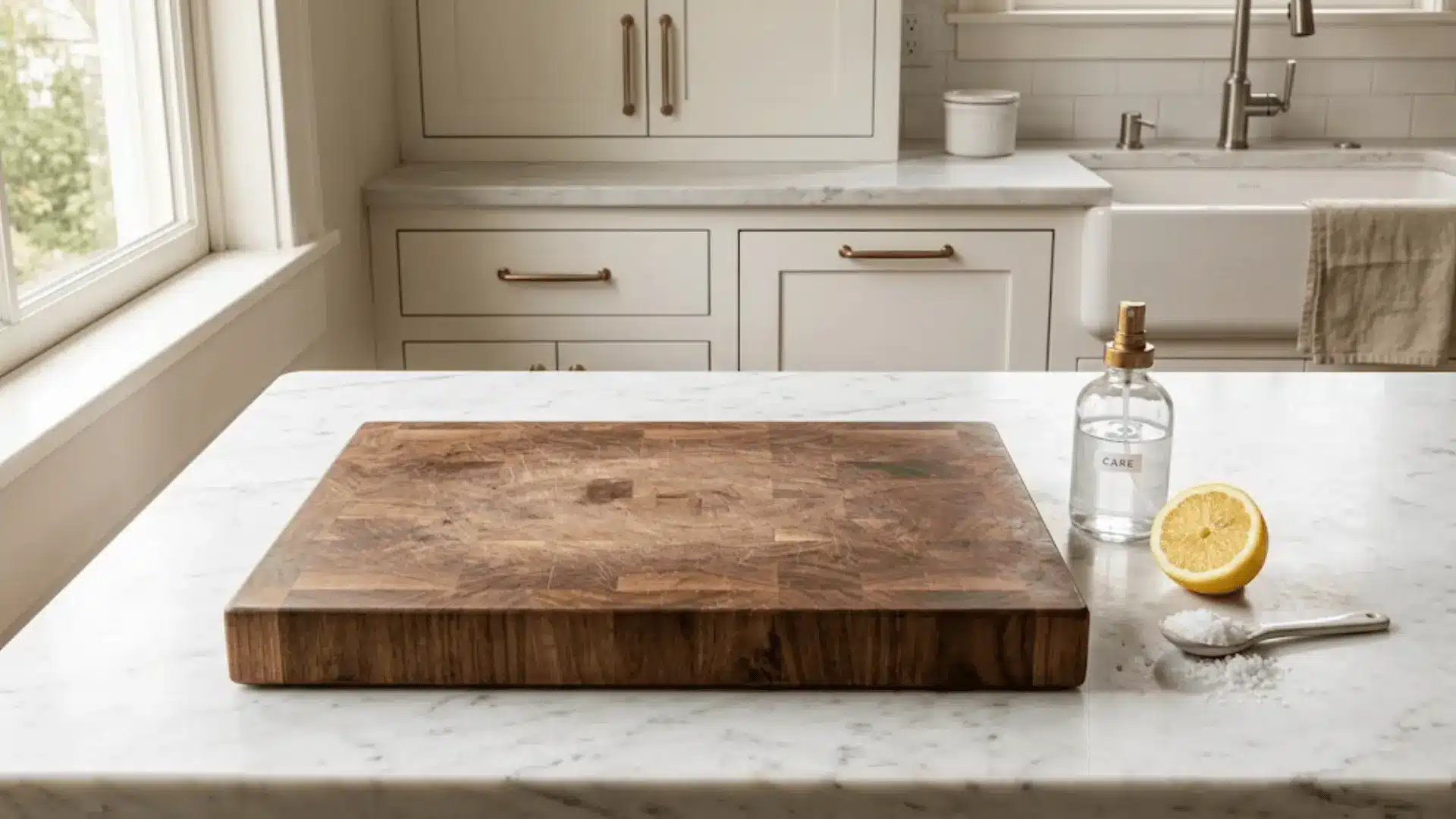 a walnut cutting board on a marble counter styled with lemon, sea salt, and a spray bottle in natural light