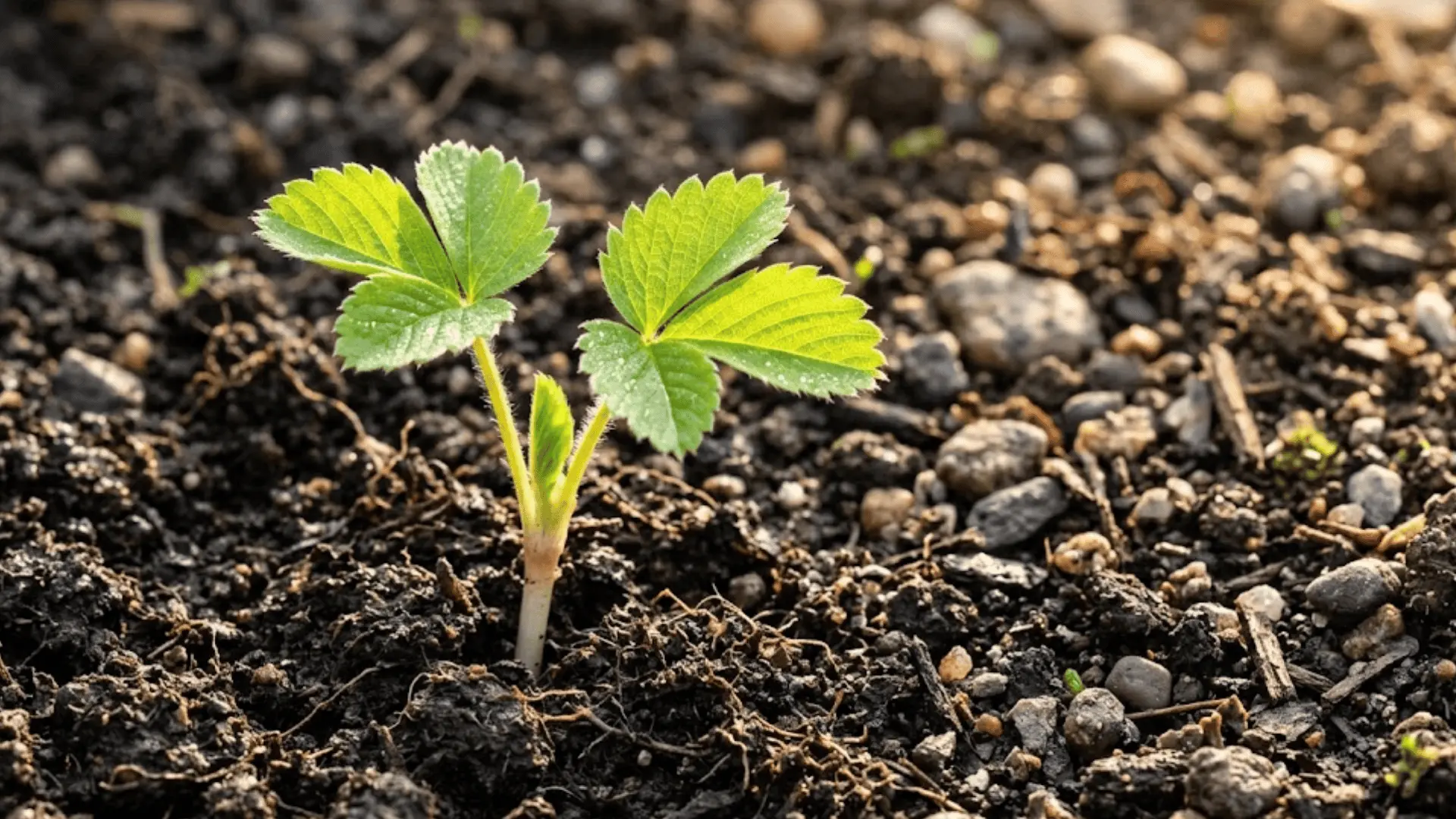 a young strawberry seedling with two small bright green leaves growing in dark soil