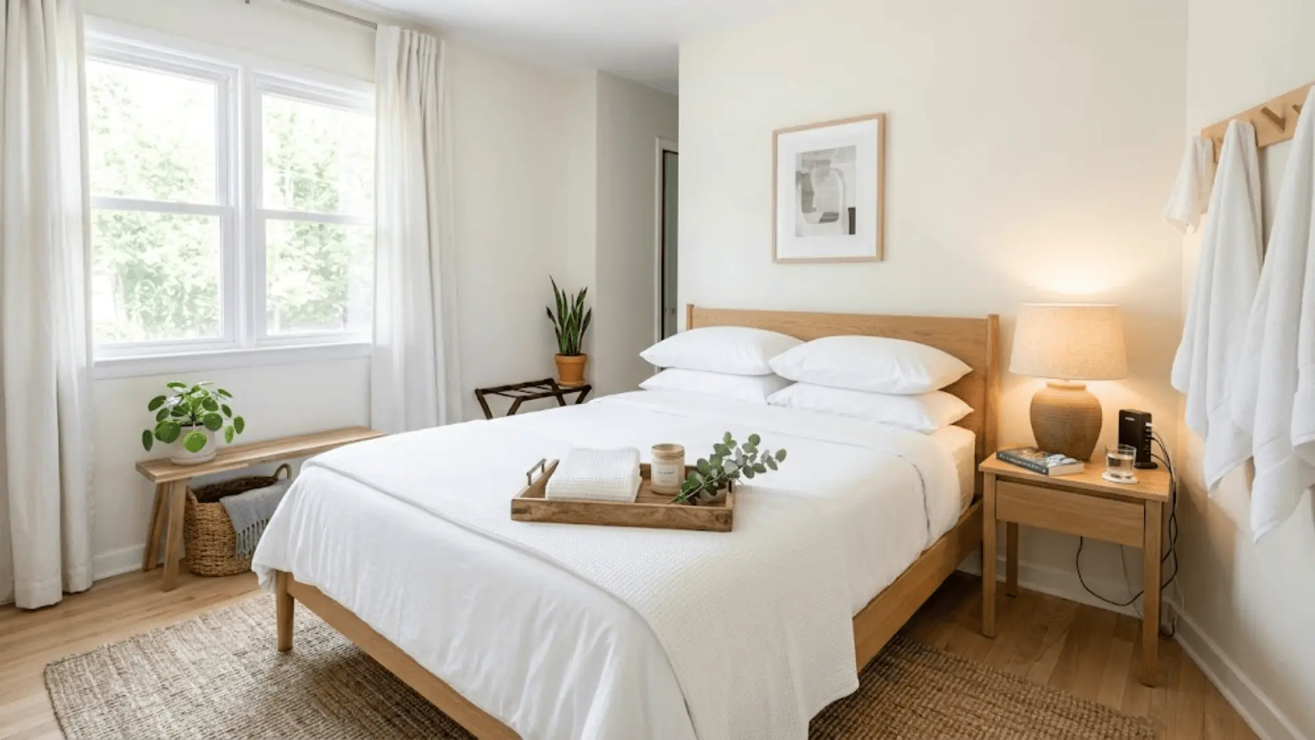 airbnb guest bedroom with white hotel bedding, wooden welcome tray, usb nightstand, and natural fiber rug