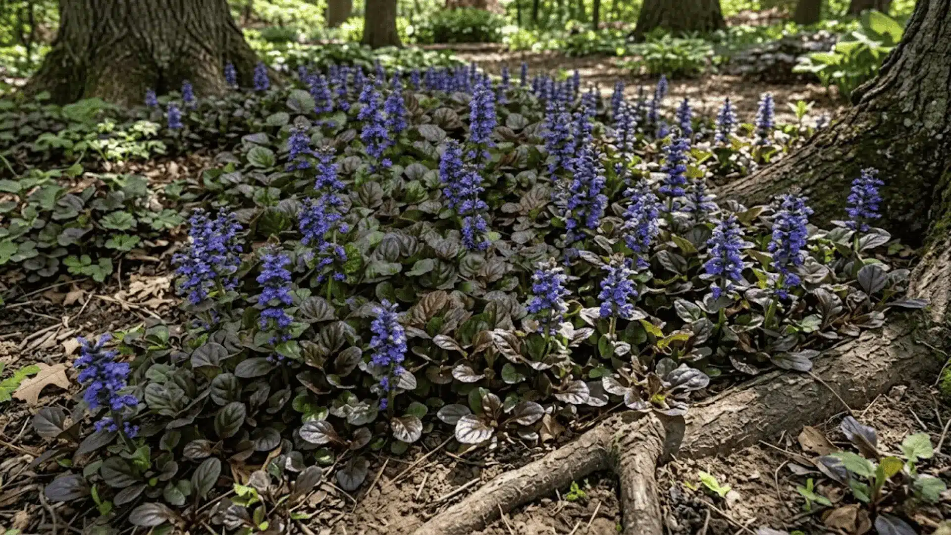ajuga mat with deep bronze purple leaves and blue flower spikes growing in dry dappled tree shade