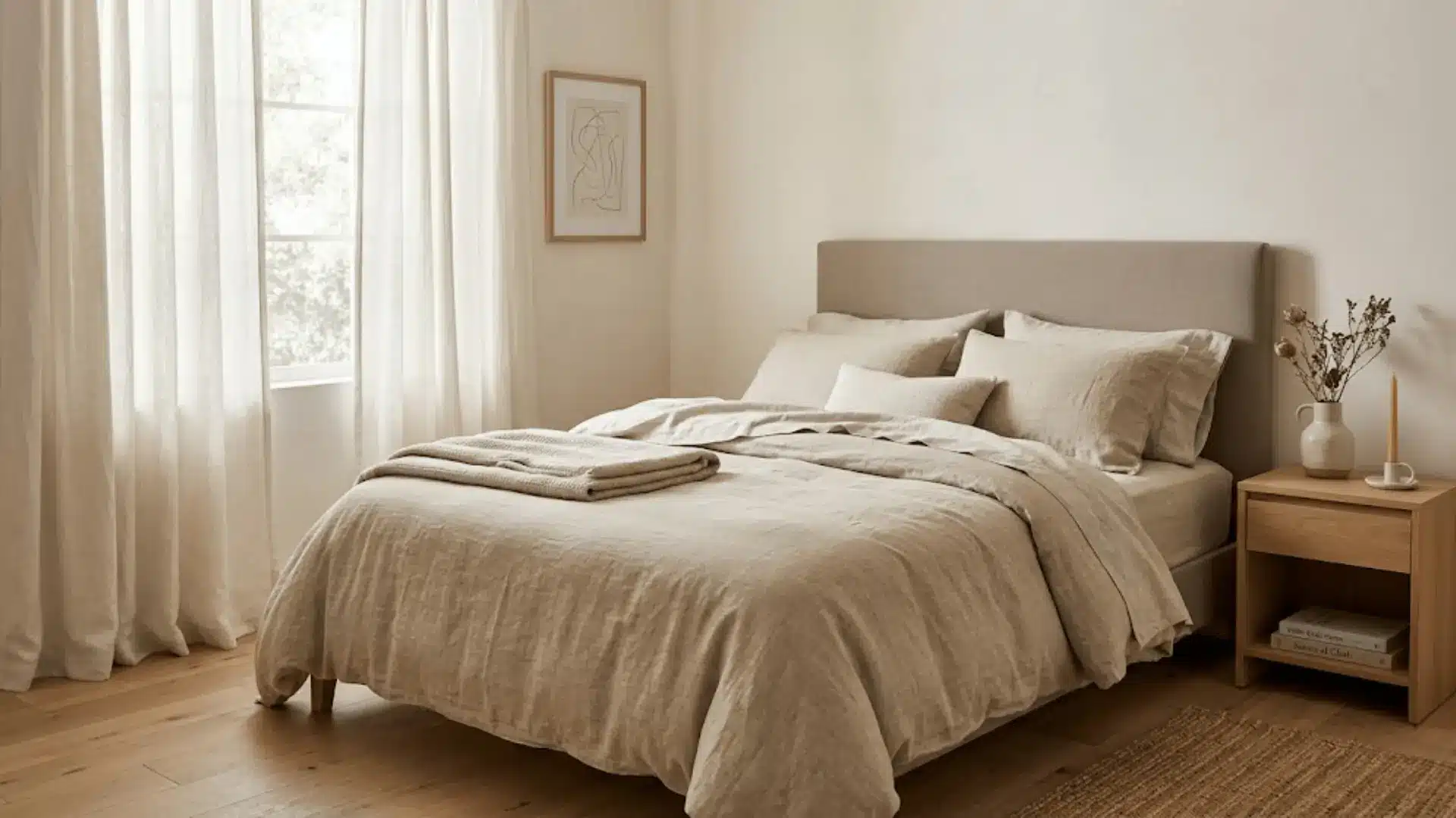 all-linen neutral bedroom with oatmeal bedding, linen curtains, and taupe upholstered headboard in soft light
