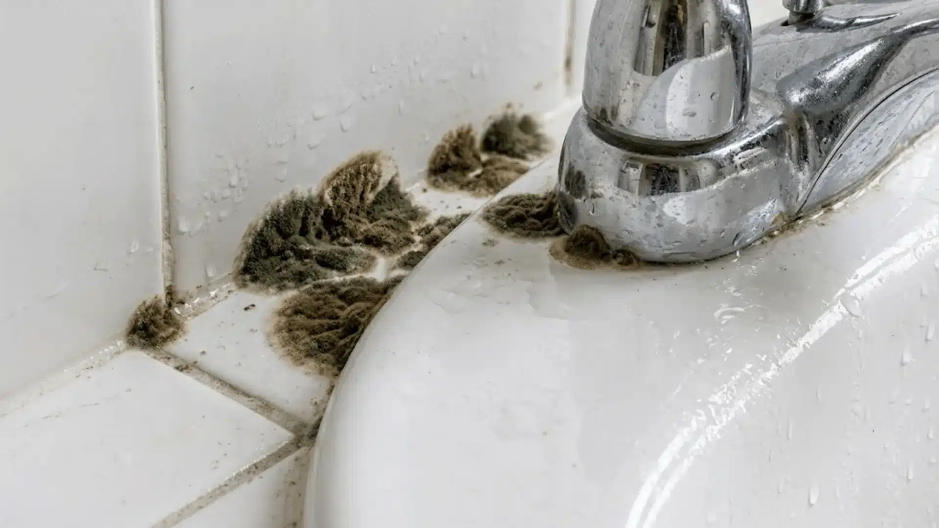 alternaria mold dark green brown woolly patches growing around bathroom sink base and tile