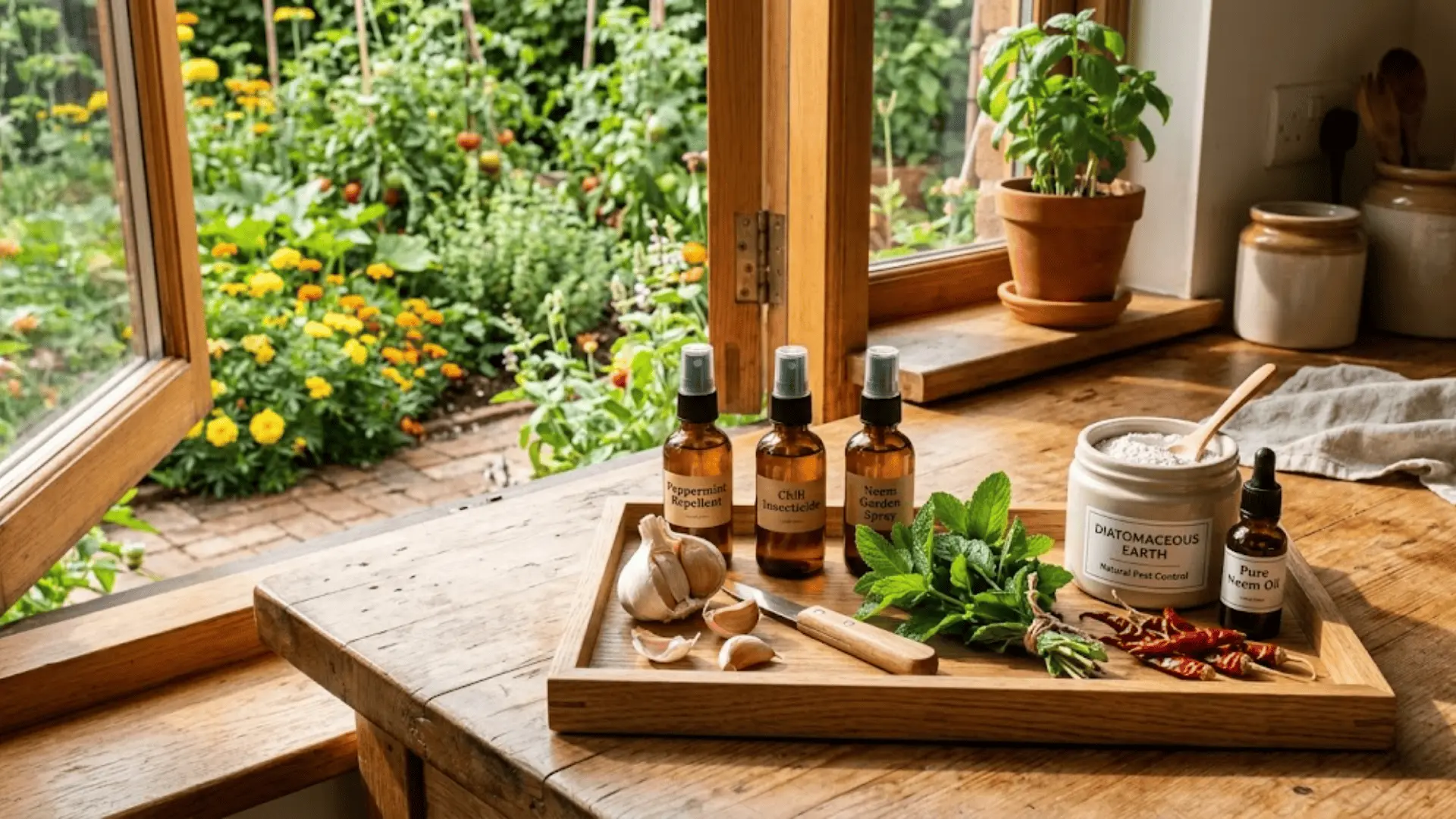 amber spray bottles, garlic, peppermint, chili peppers, and neem oil arranged on a wooden tray by a sunlit garden window