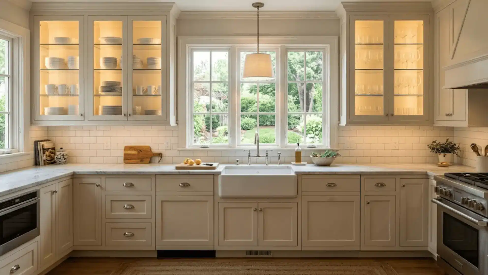 antique white glass front cabinets with ceramic dishware display and marble countertops in a classic kitchen