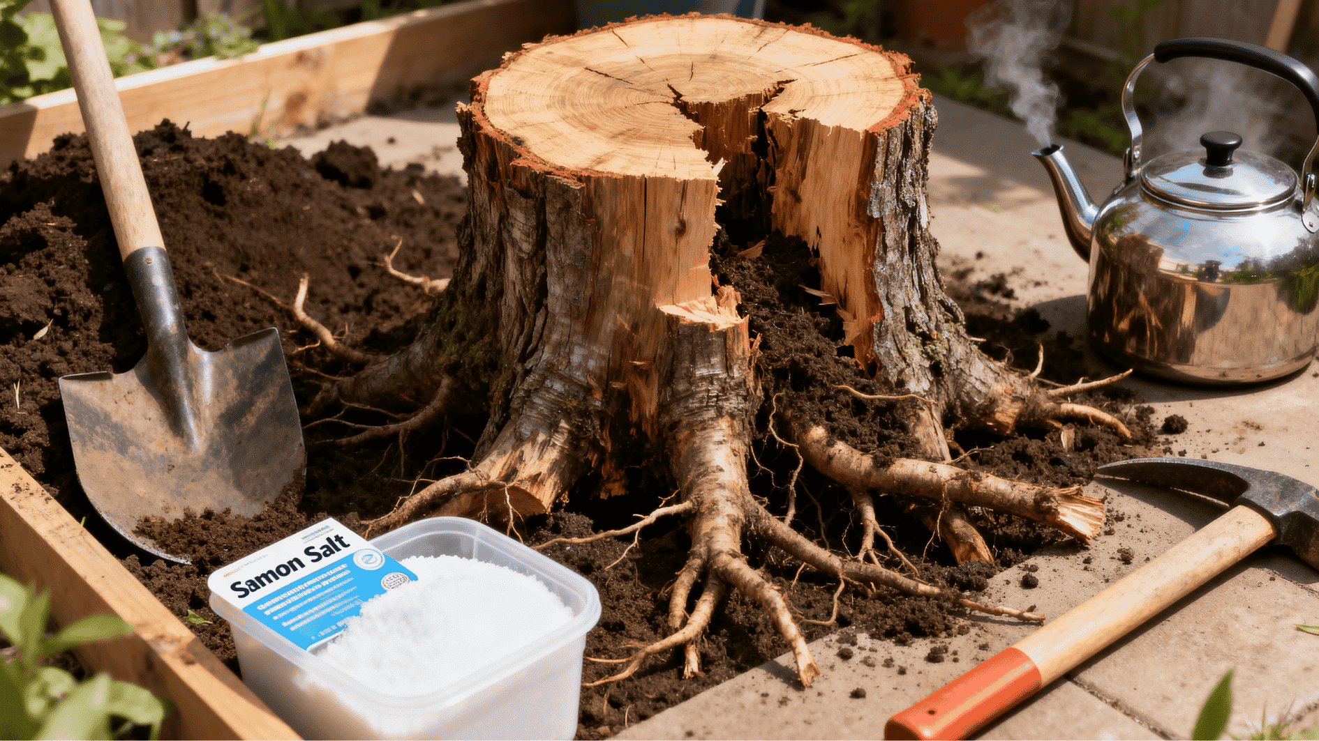 backyard setup showing multiple DIY tree stump removal tools, including Epsom salt, shovel, mattock, and boiling water.