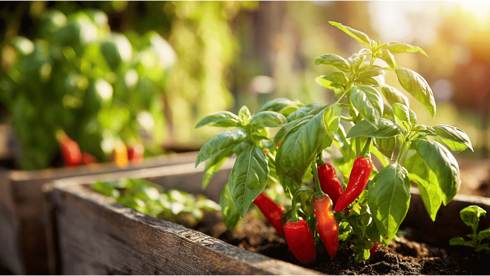 Basil and red chili peppers growing together in a sunny raised garden bed with fresh green leaves and rich soil.