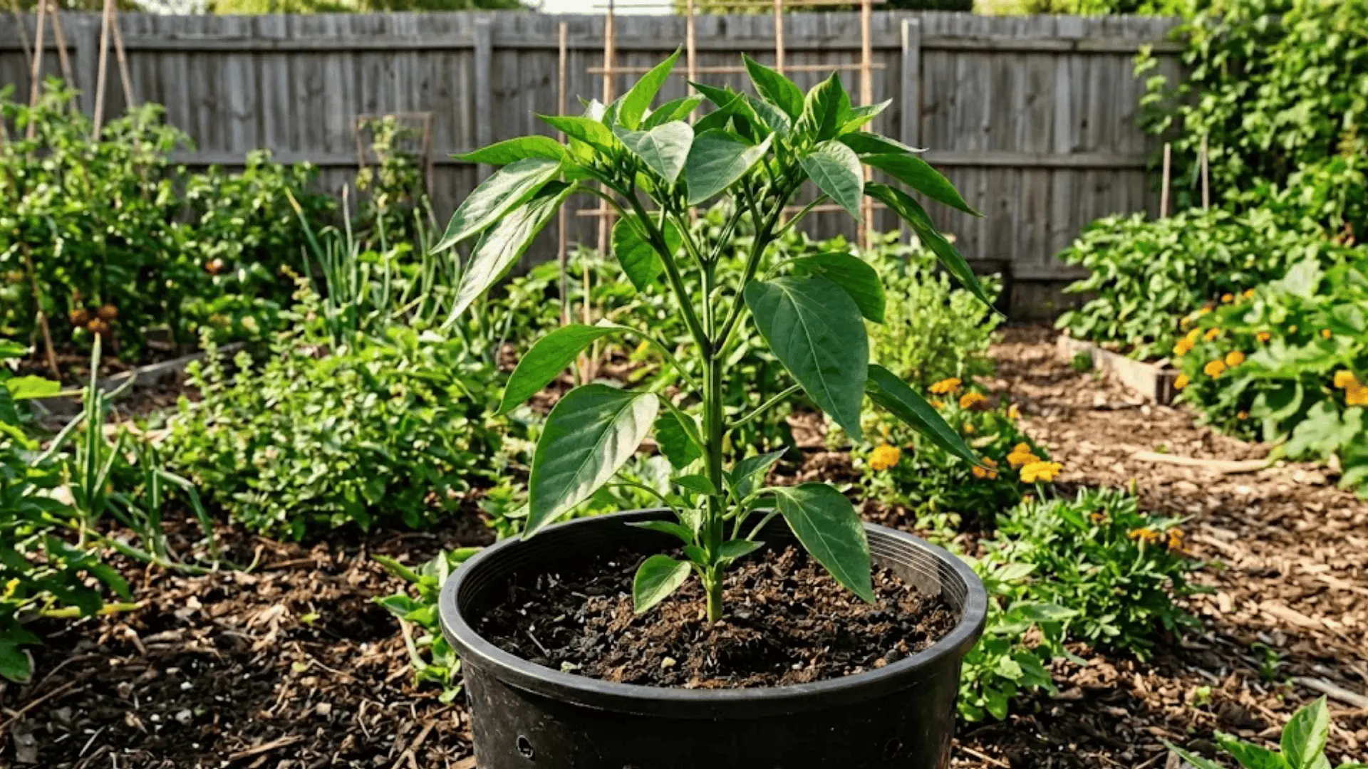 bell pepper plant in vegetative stage with thick stem and glossy green leaves in black nursery pot outdoors