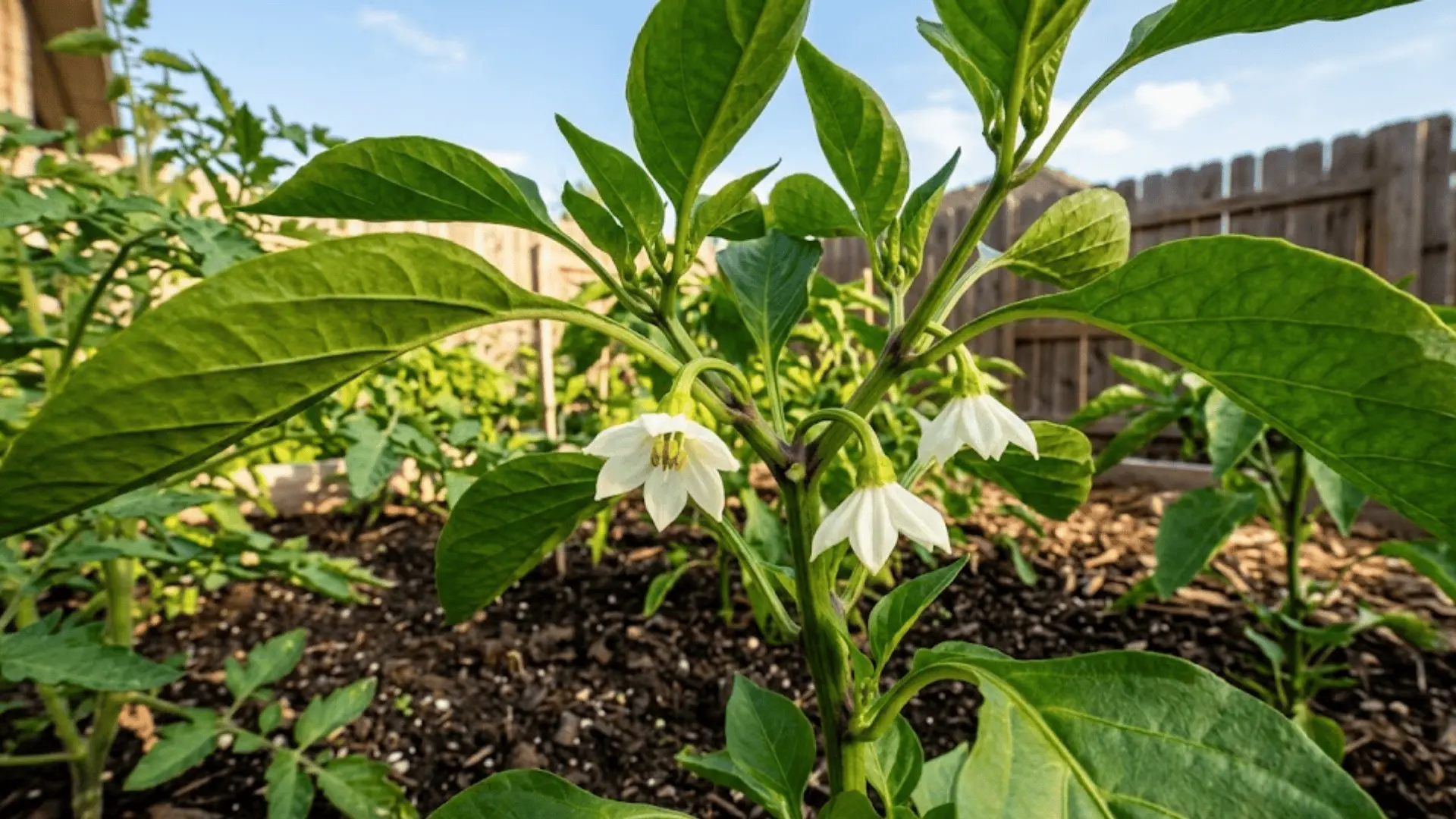 bell pepper plant with small open white flowers at nodes, deep green leaves, natural afternoon sunlight outdoors