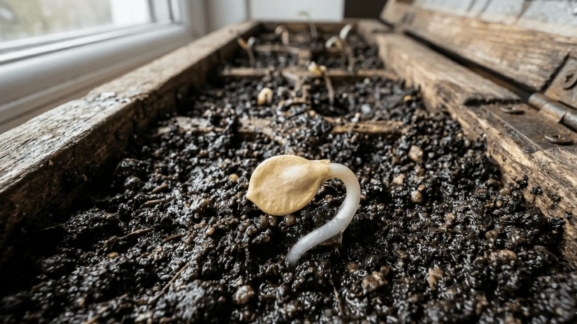 bell pepper seed germinating in moist dark soil with white radicle emerging, natural daylight, macro shot
