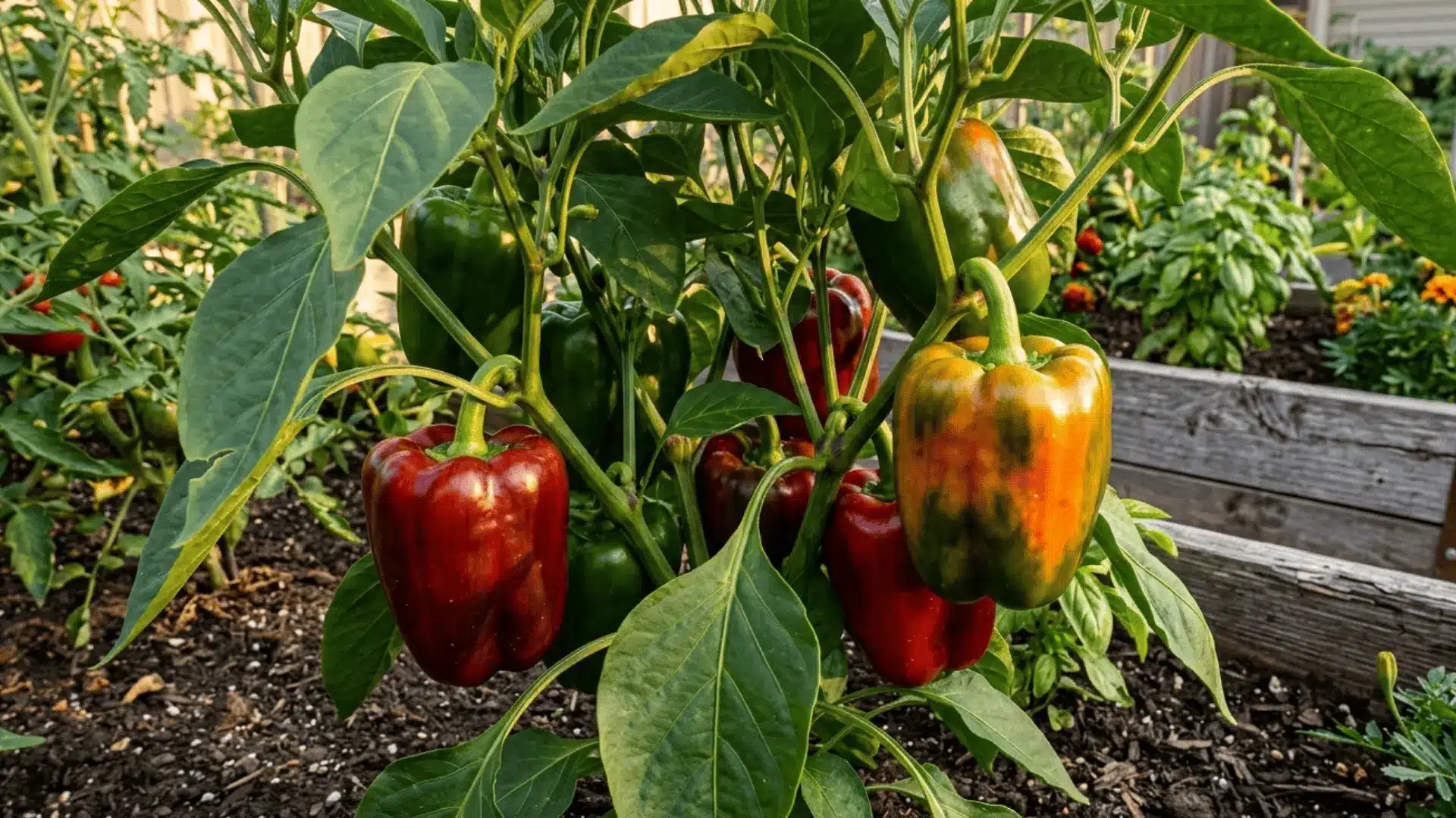 bell peppers ripening from green to deep red on plant in garden bed, glossy skin, warm late afternoon sunlight
