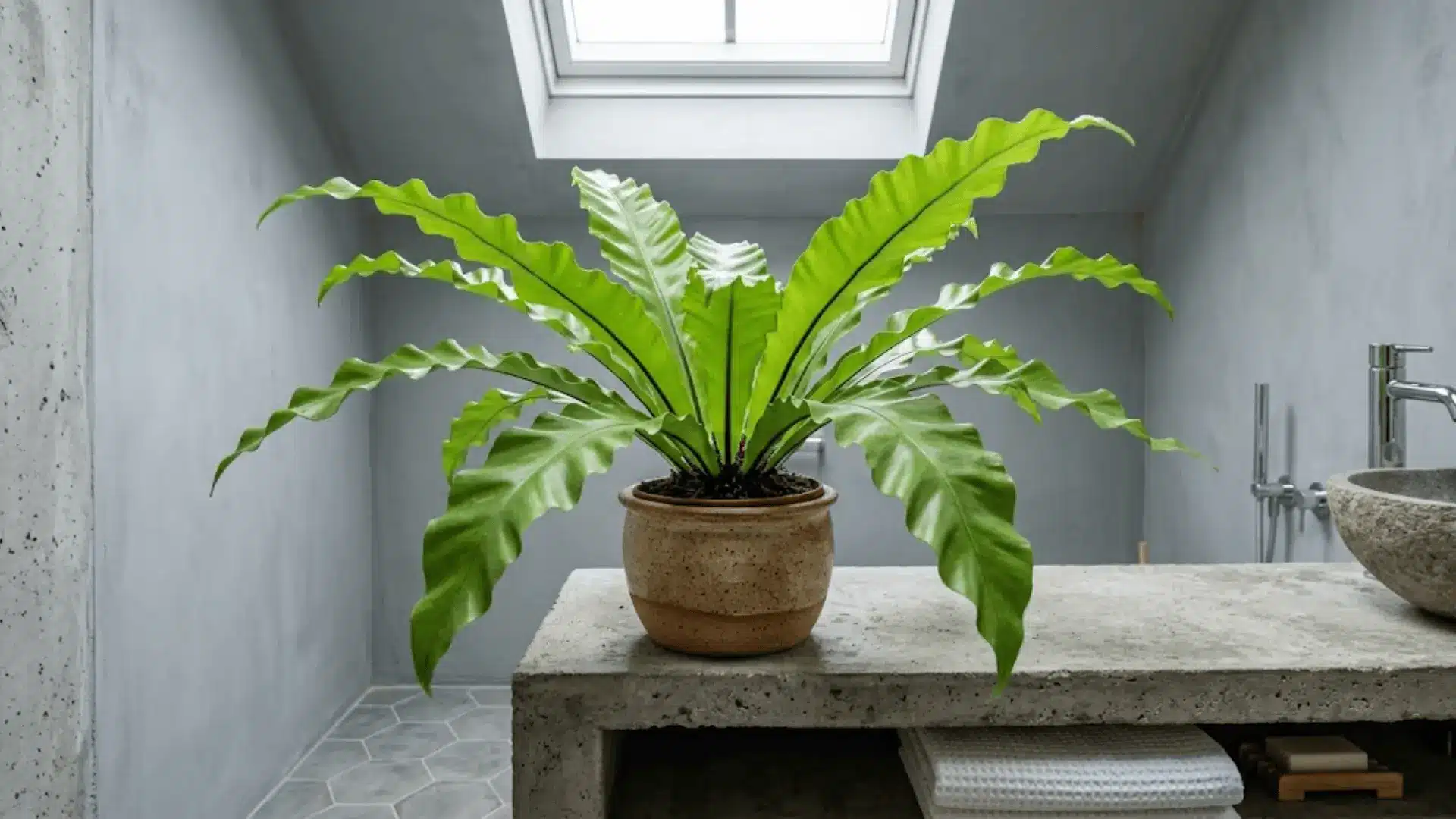 bird's nest fern with wavy bright green fronds in a ceramic pot on a concrete shelf under a skylight